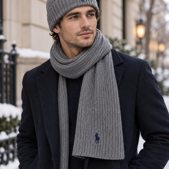 Polo Ralph Lauren Hat and Scarf Set Mens Beanie Fawn Grey Heather
