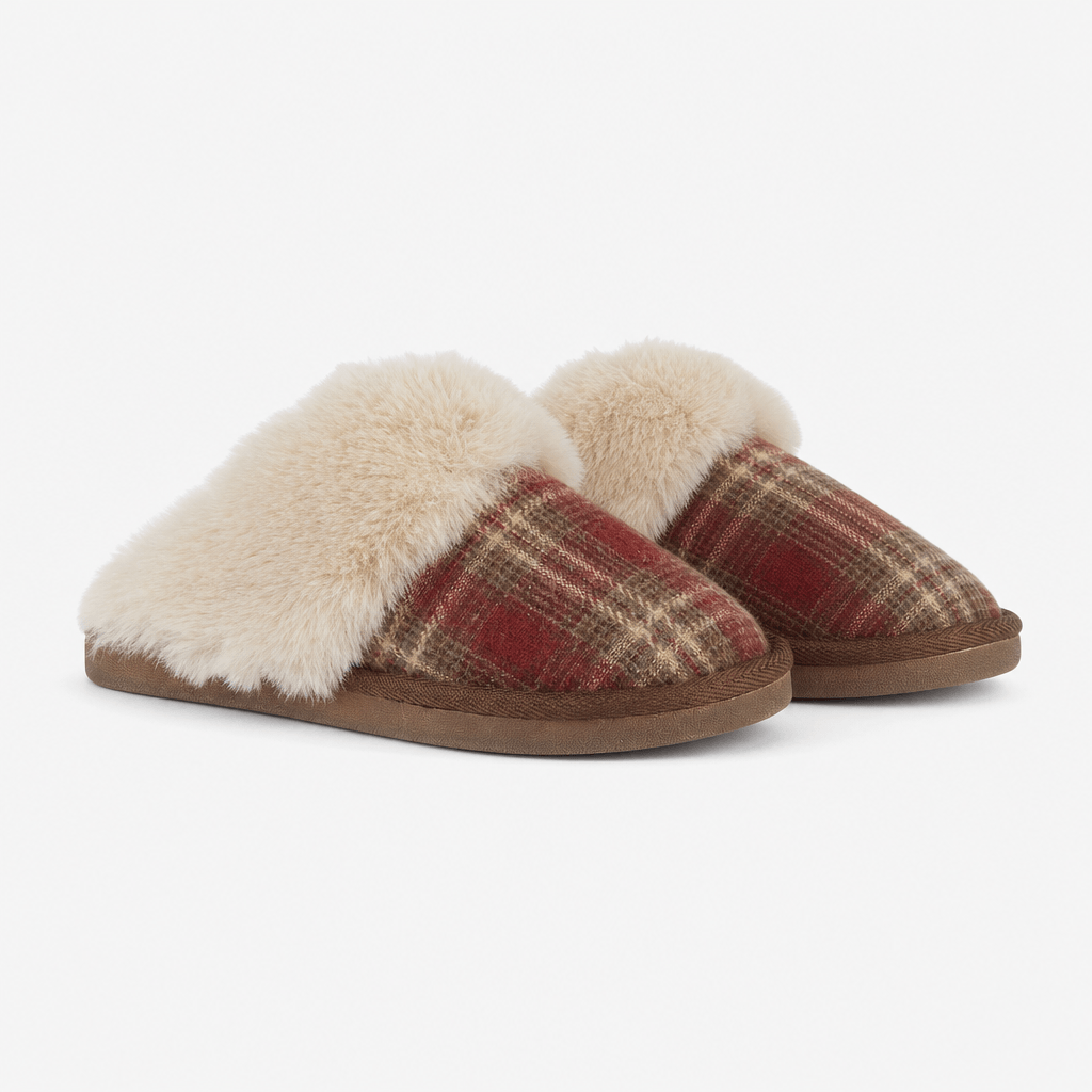 Jo & Joe ALNESS Womens Mules Brown/Red stylish slip-on slippers with warm lining and round toe shape.