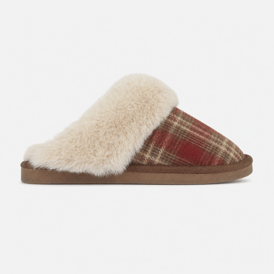Jo & Joe ALNESS Womens Mules Brown/Red with warm lining in slipper style, featuring a round toe and slip-on design.