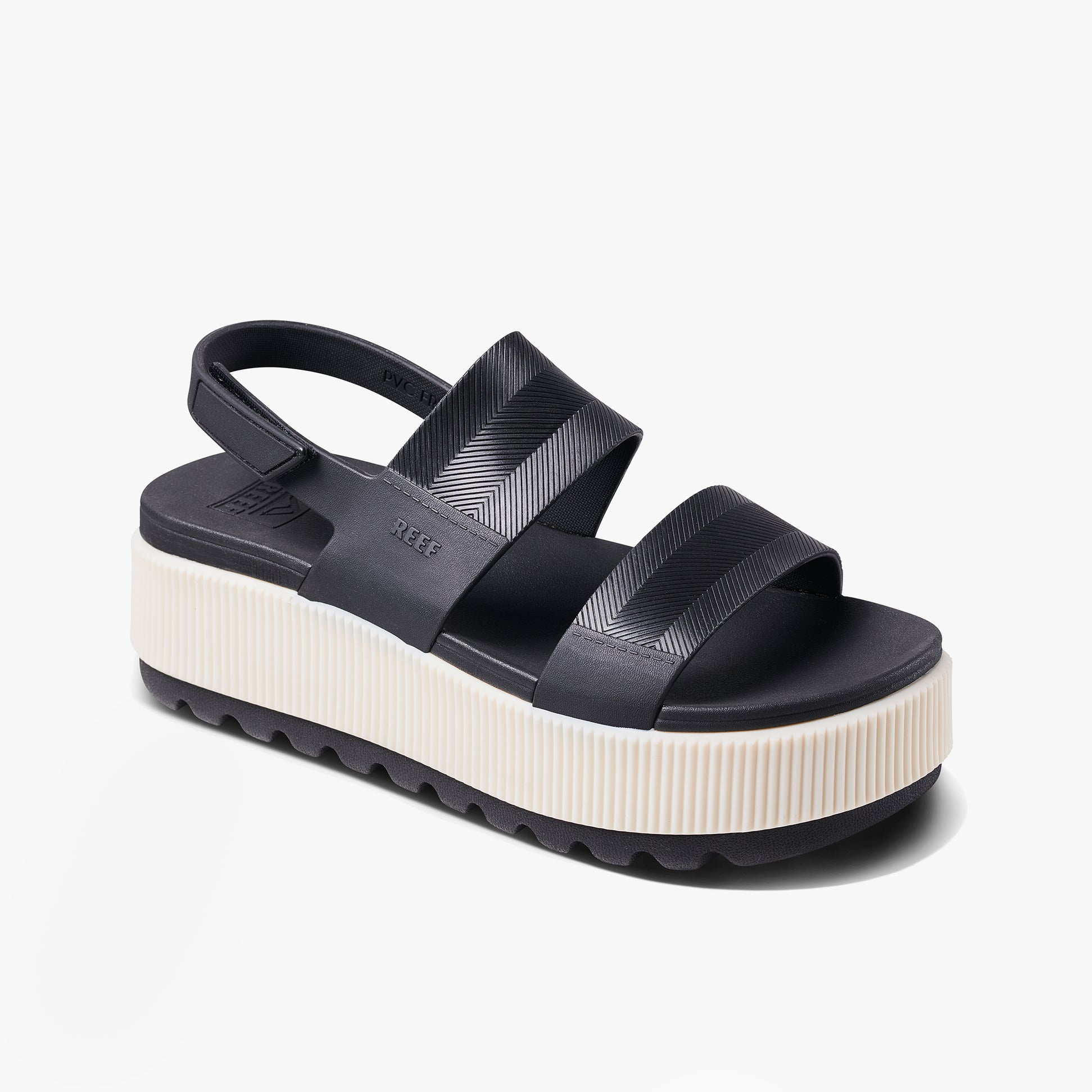 Reef WATER VISTA HIGHER Womens Sandals Black Vintage side view showcasing the platform design and synthetic material.