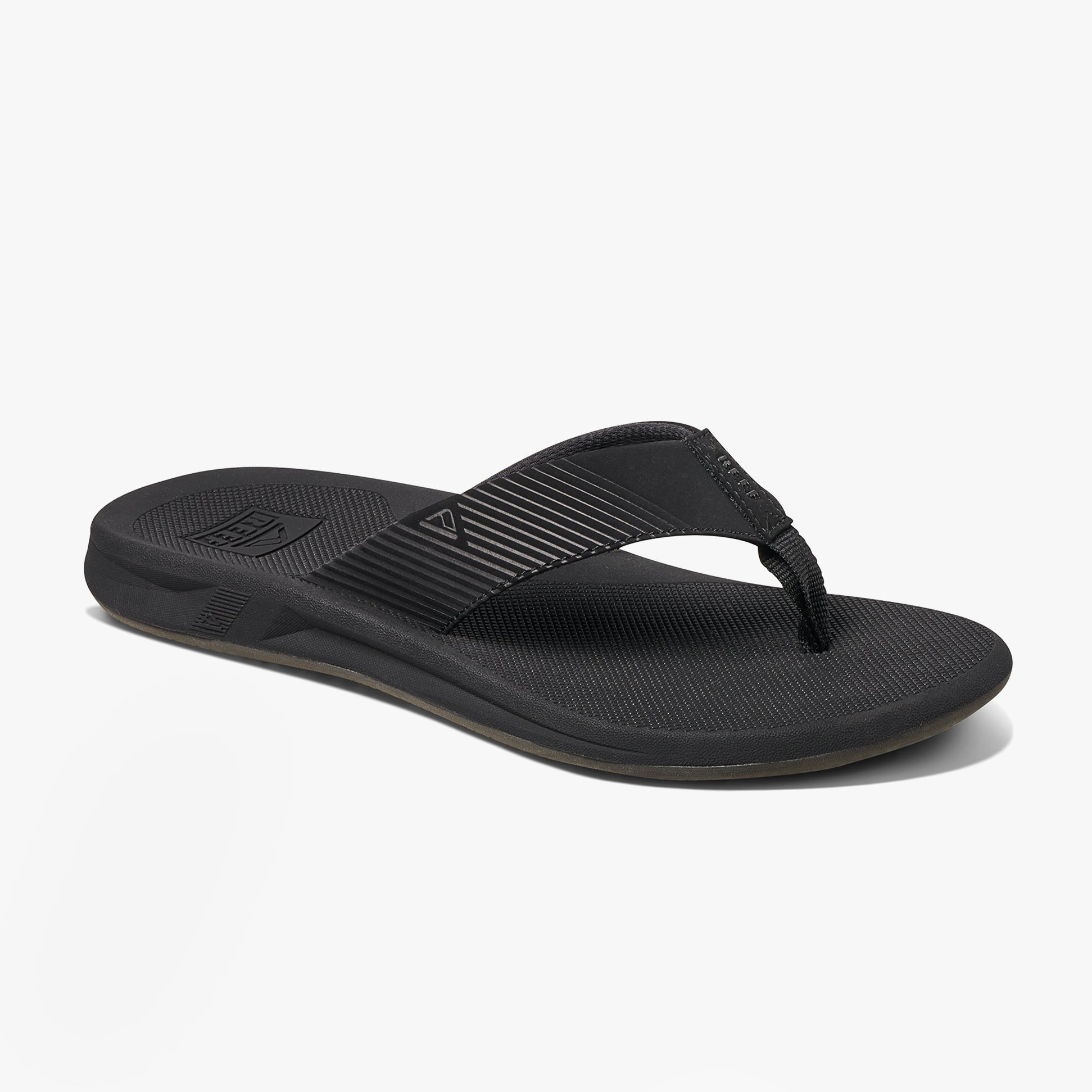 Reef PHANTOM II Mens Sandals Black side view with synthetic upper, EVA lining, and flat sole.