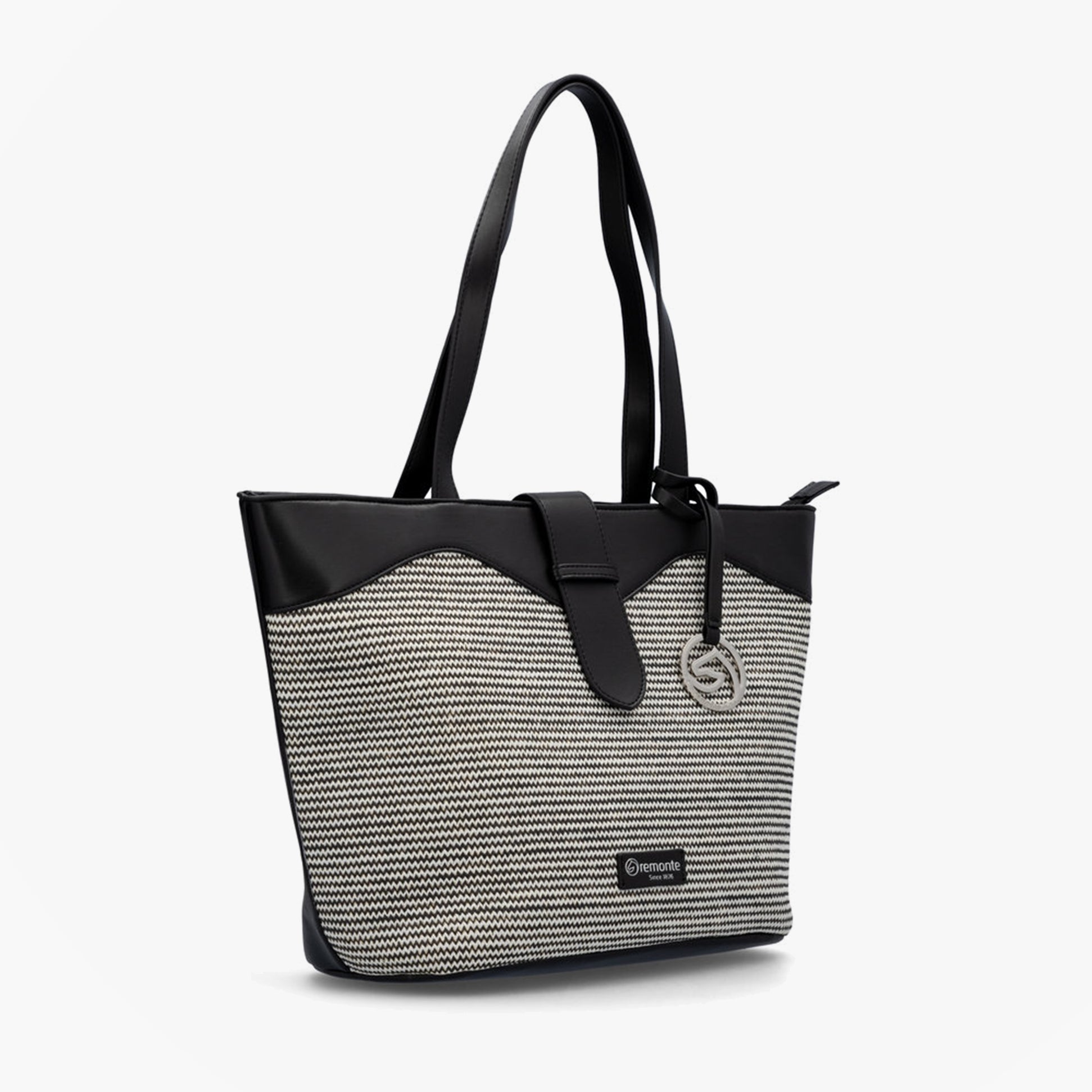 Remonte Q0759-02 Womens Bag Black side view with zip closure and inner pocket, featuring a Remonte brand tag, lightweight material.