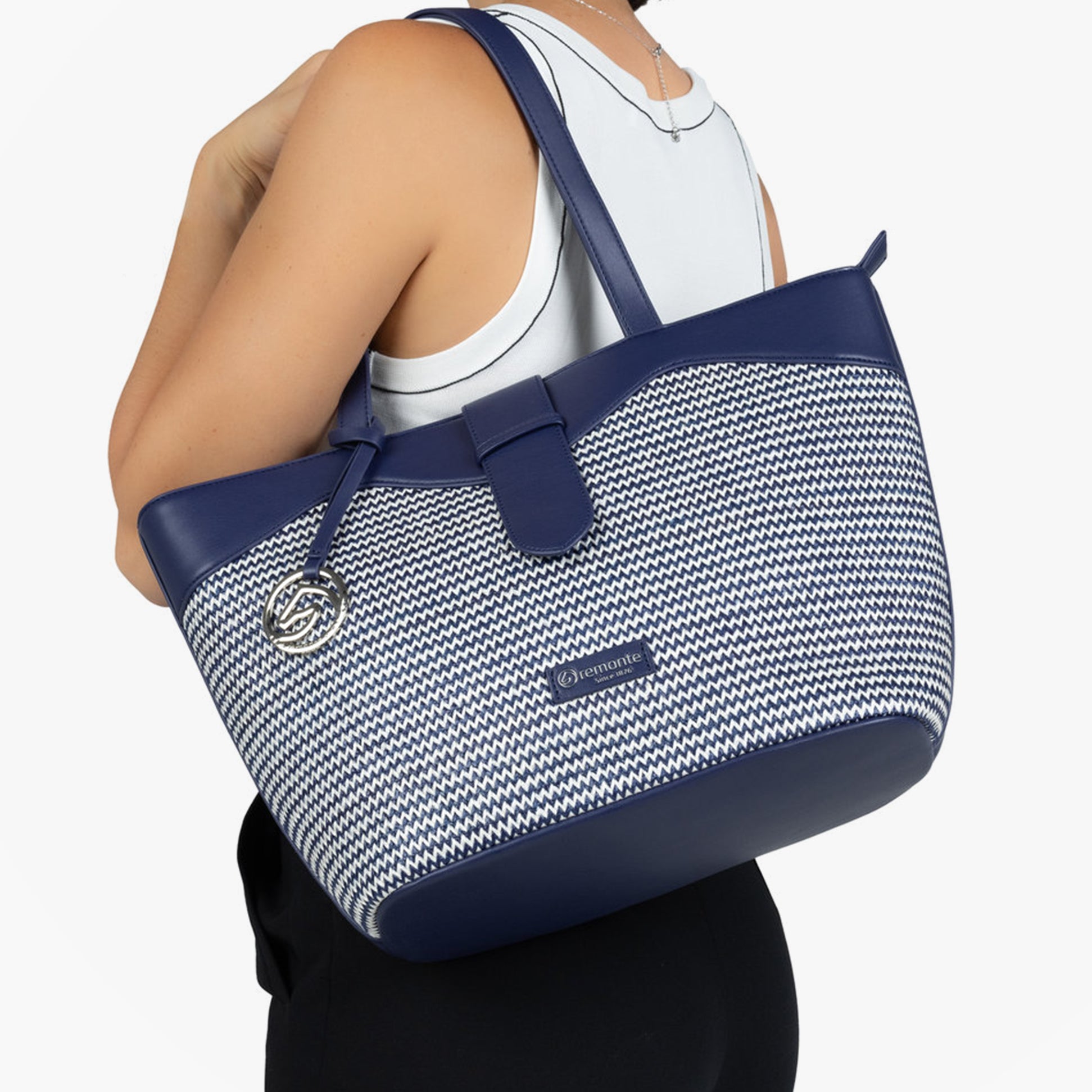 Remonte Q0759-14 Womens Bag Blue, side view on model, zip closure, lightweight leather/textile, inner pocket, stylish handbag.
