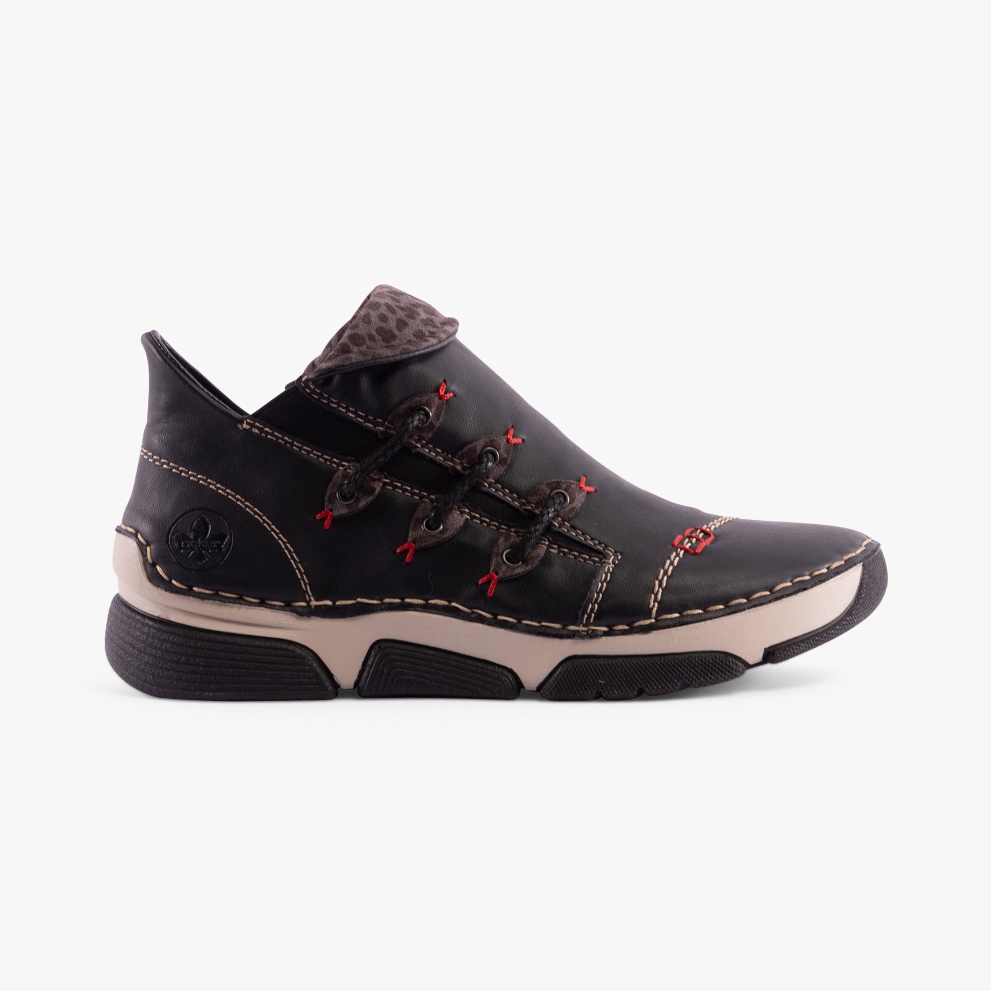 Rieker 45983-00 Womens Boots Black side view with synthetic leather upper and velour lining.