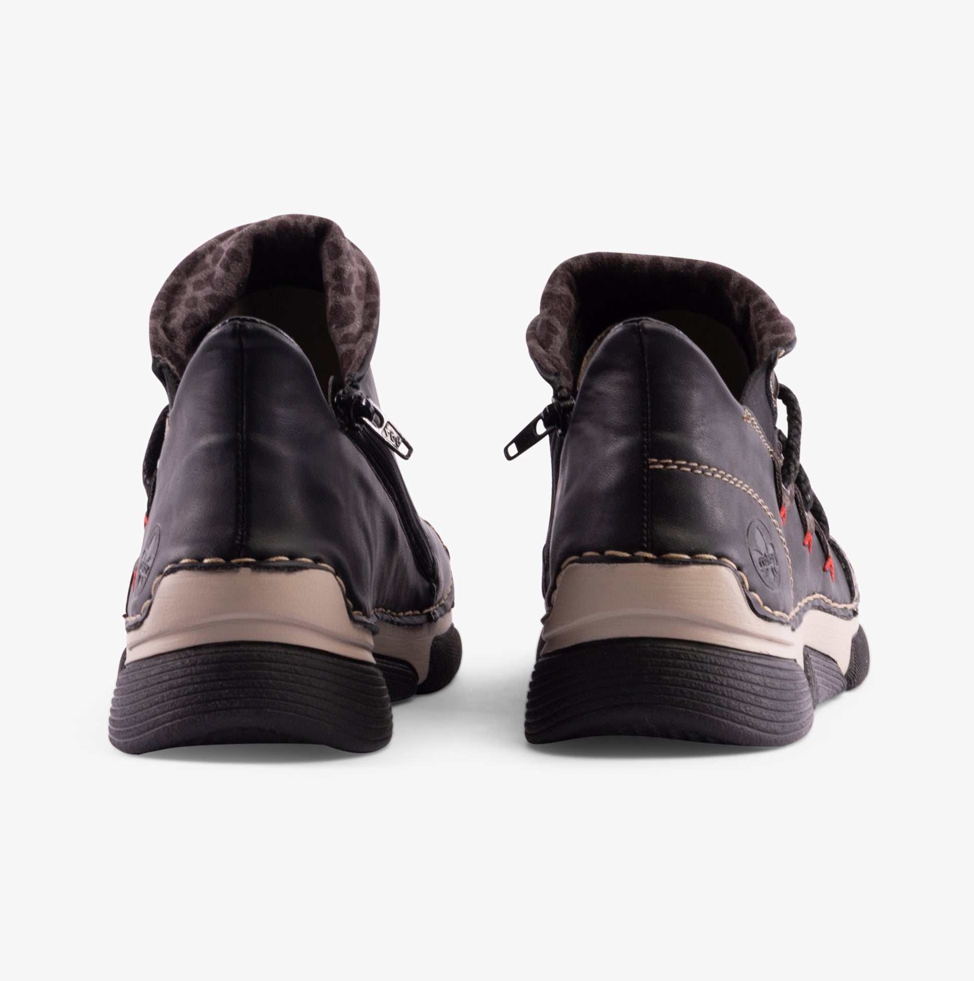 Rieker 45983-00 Womens Boots Black rear view showcasing synthetic leather and zip closure details.