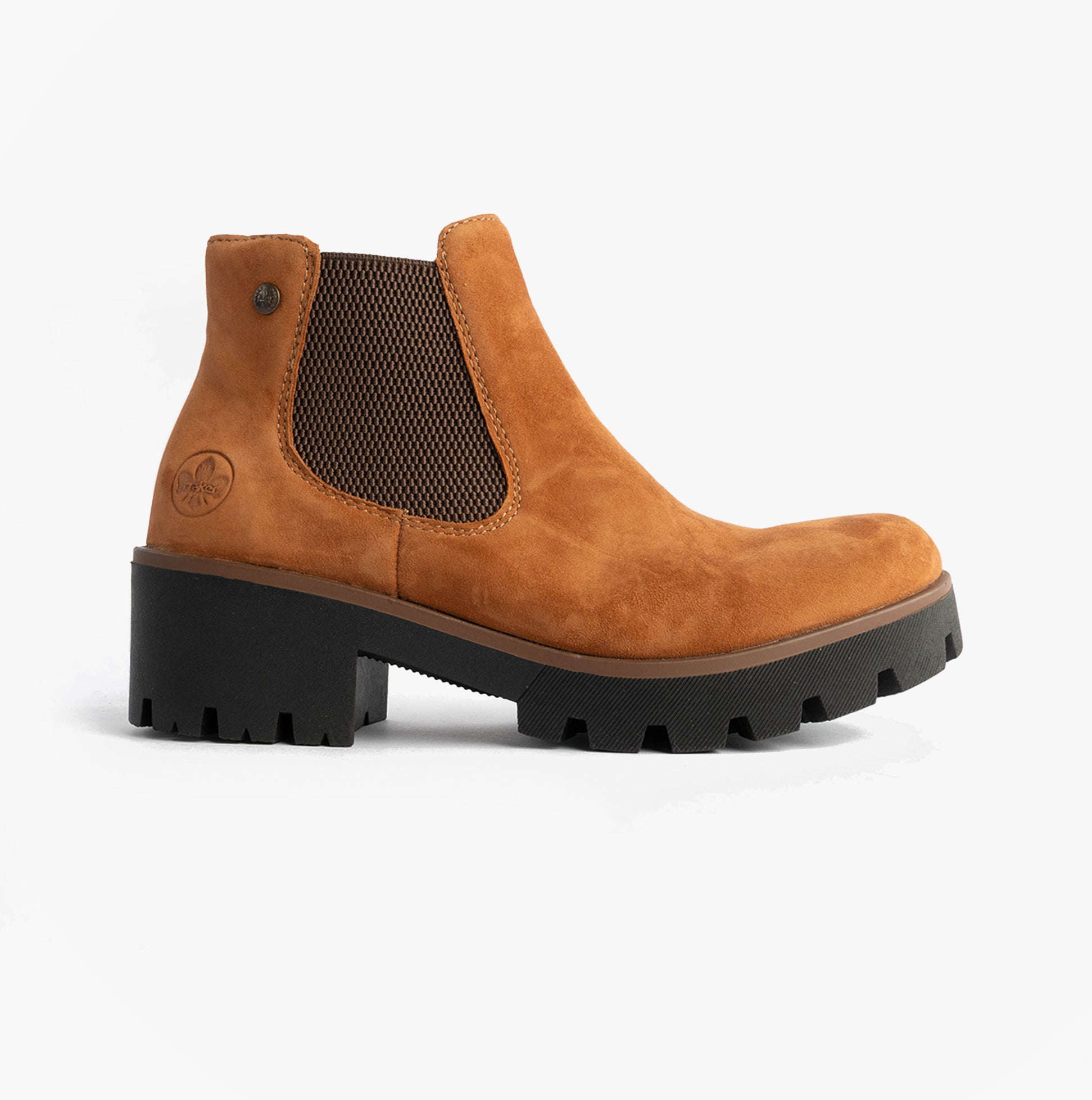 Rieker 79265-22 Womens Boots Brown side view featuring suede upper and rubber sole.