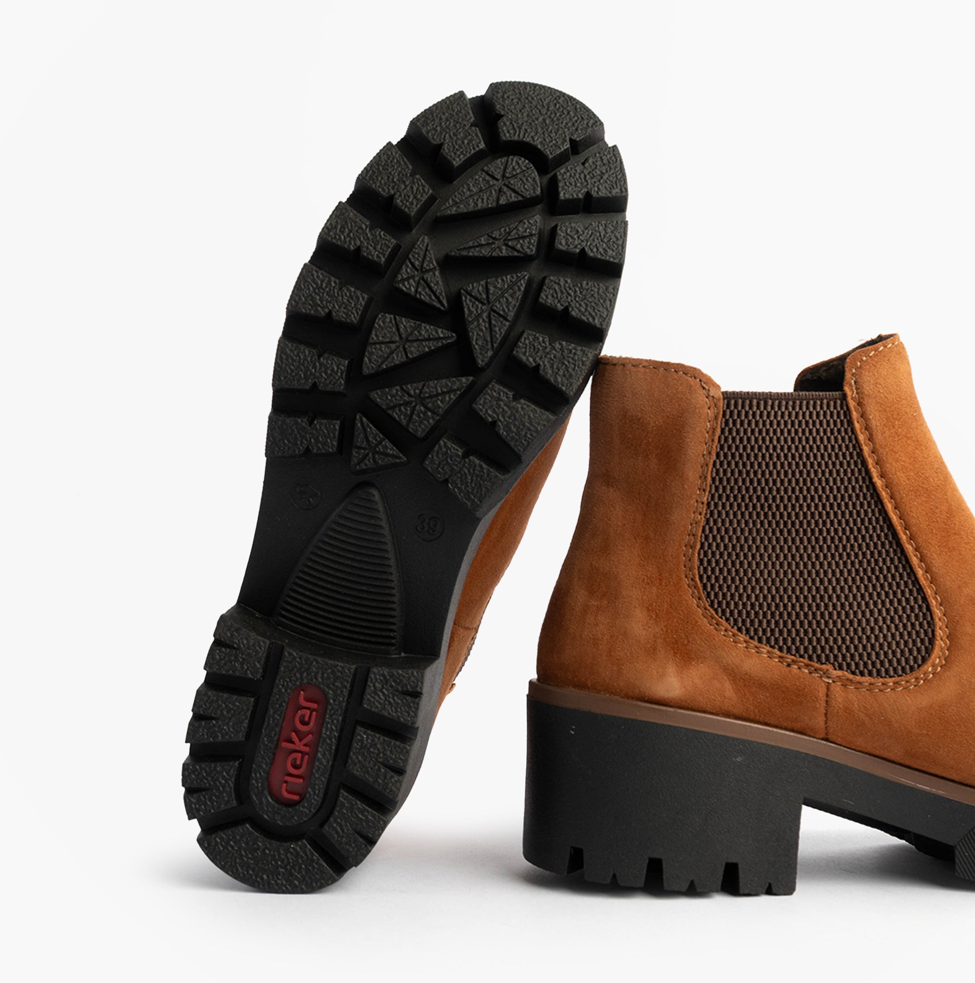 Rieker 79265-22 Womens Boots Brown sole detail view featuring rubber grip and suede upper.