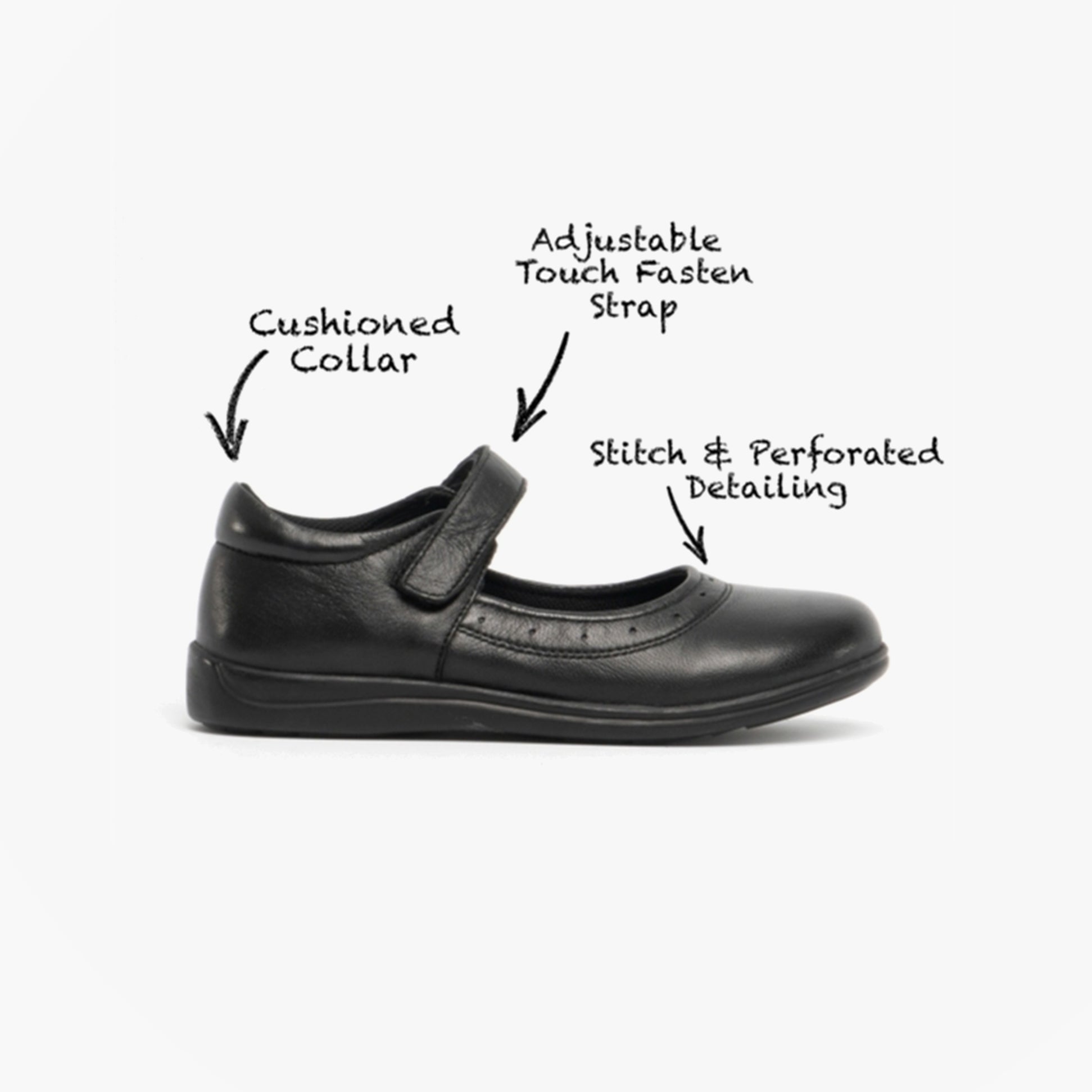Roamers ELSA Girls Leather Touch Fasten Mary Jane Shoes Black