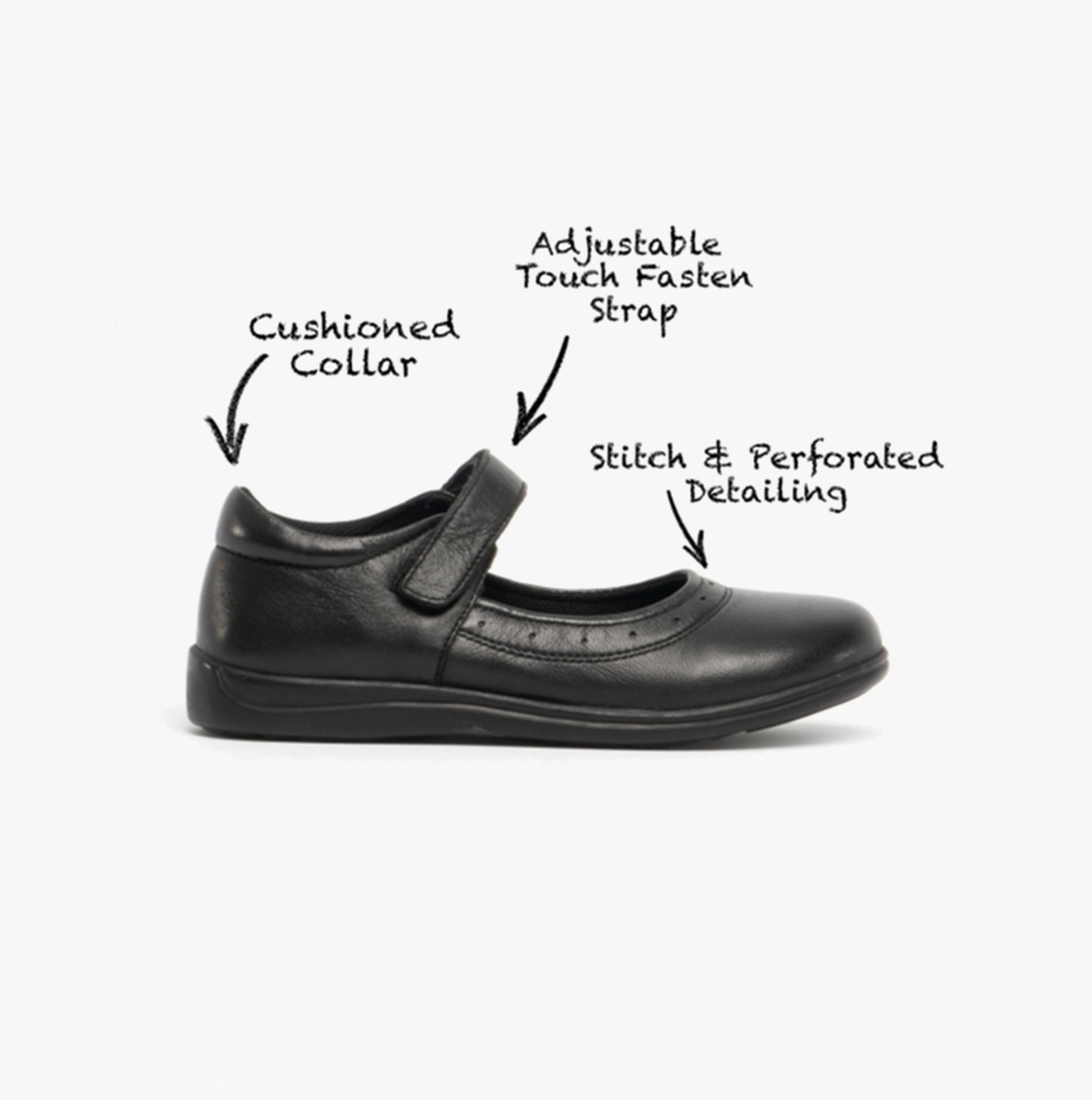 Roamers ELSA Girls Leather Touch Fasten Mary Jane Shoes Black