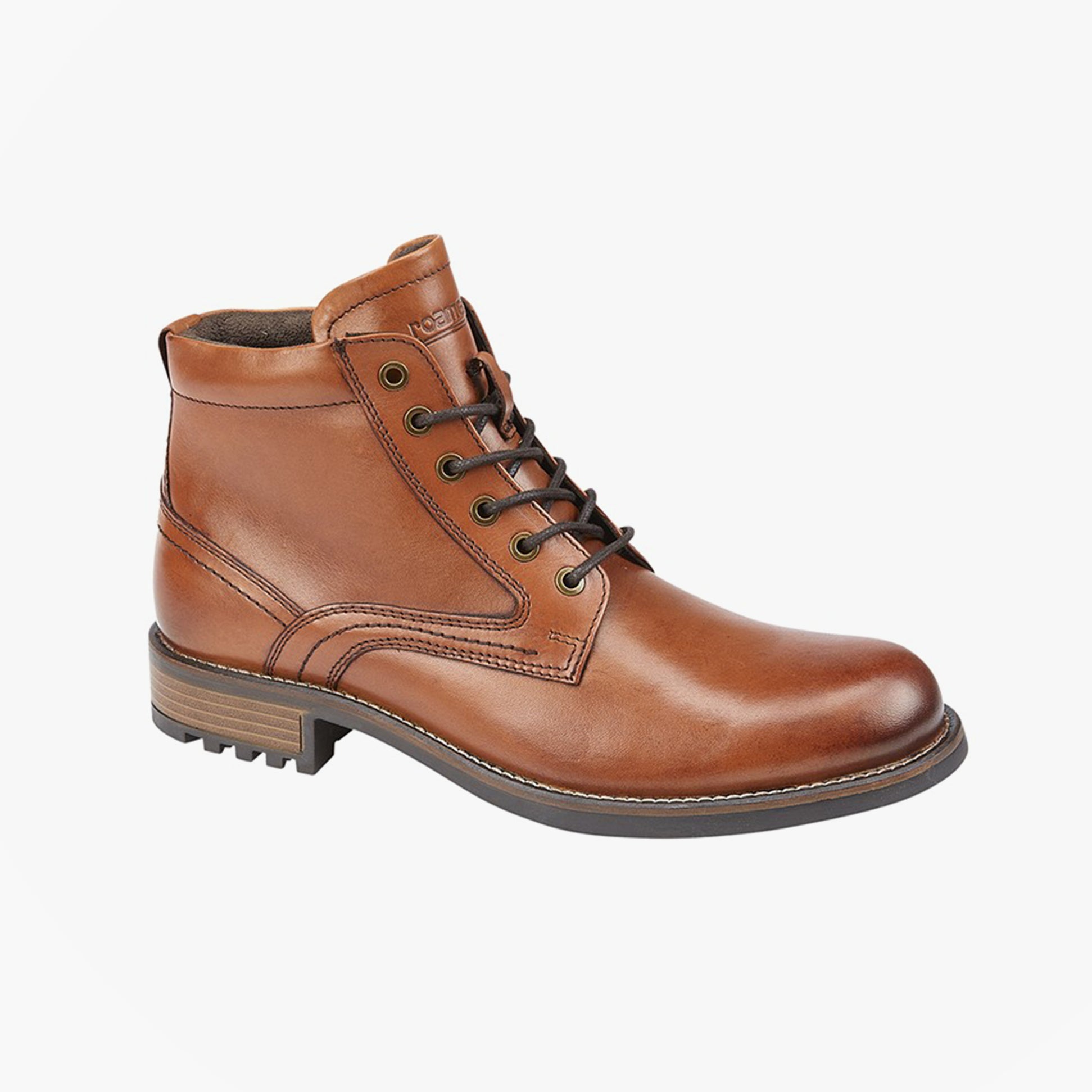 Roamers M266BT Mens Boots Elgin Tan side view showing leather upper, lace-up closure, and low heel.