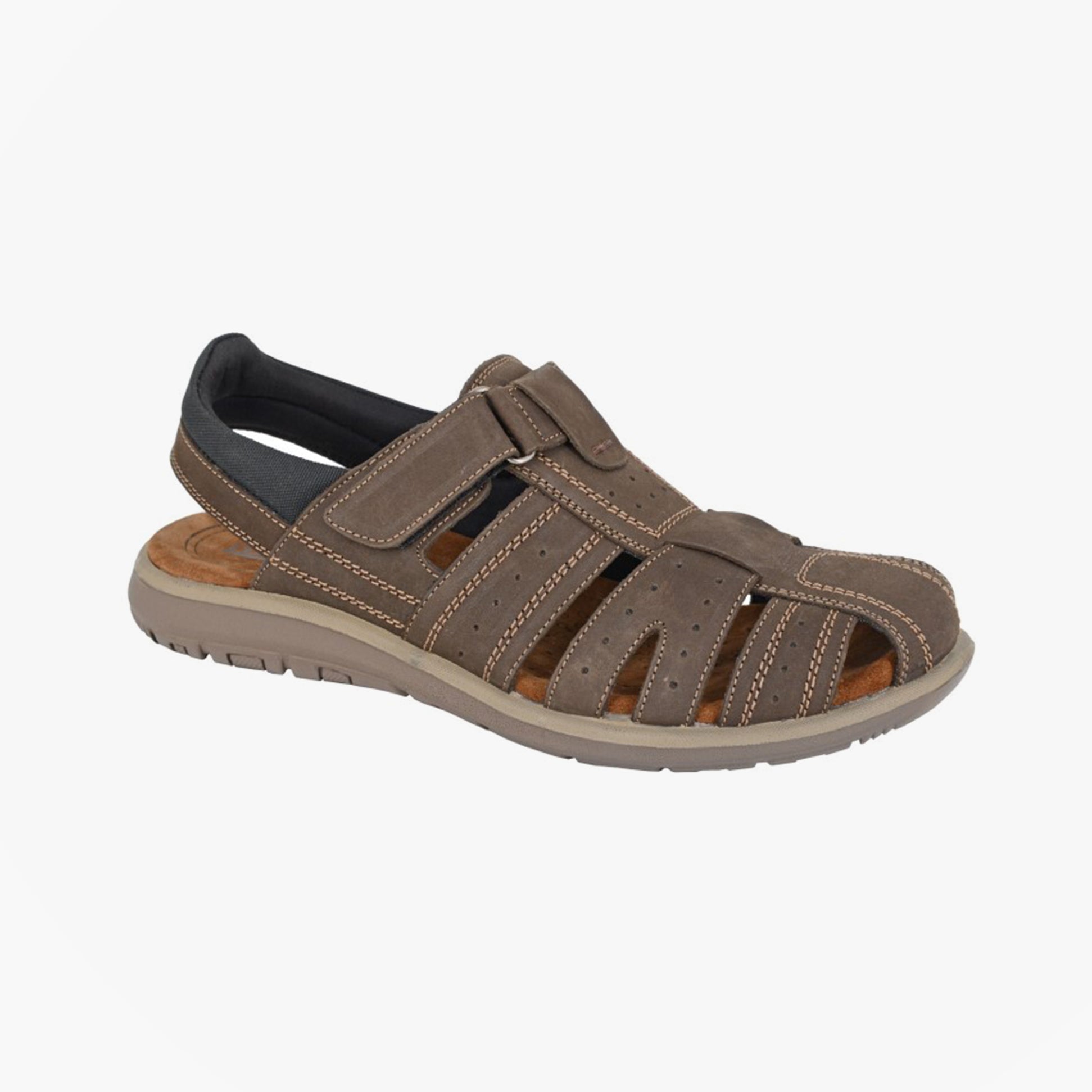 Roamers M416B Mens Sandals Brown side view, comfortable leather sandals with touch fasten closure.