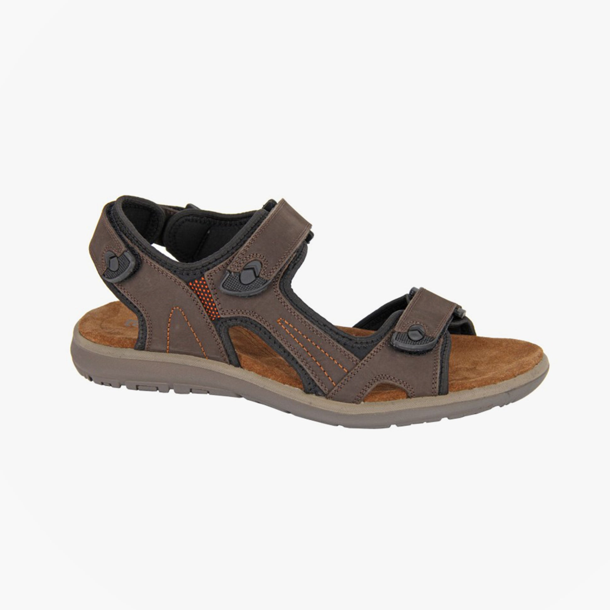 Roamers M428B Mens Sandals Brown side view showing leather upper, touch fasten, and lightweight flat sole.