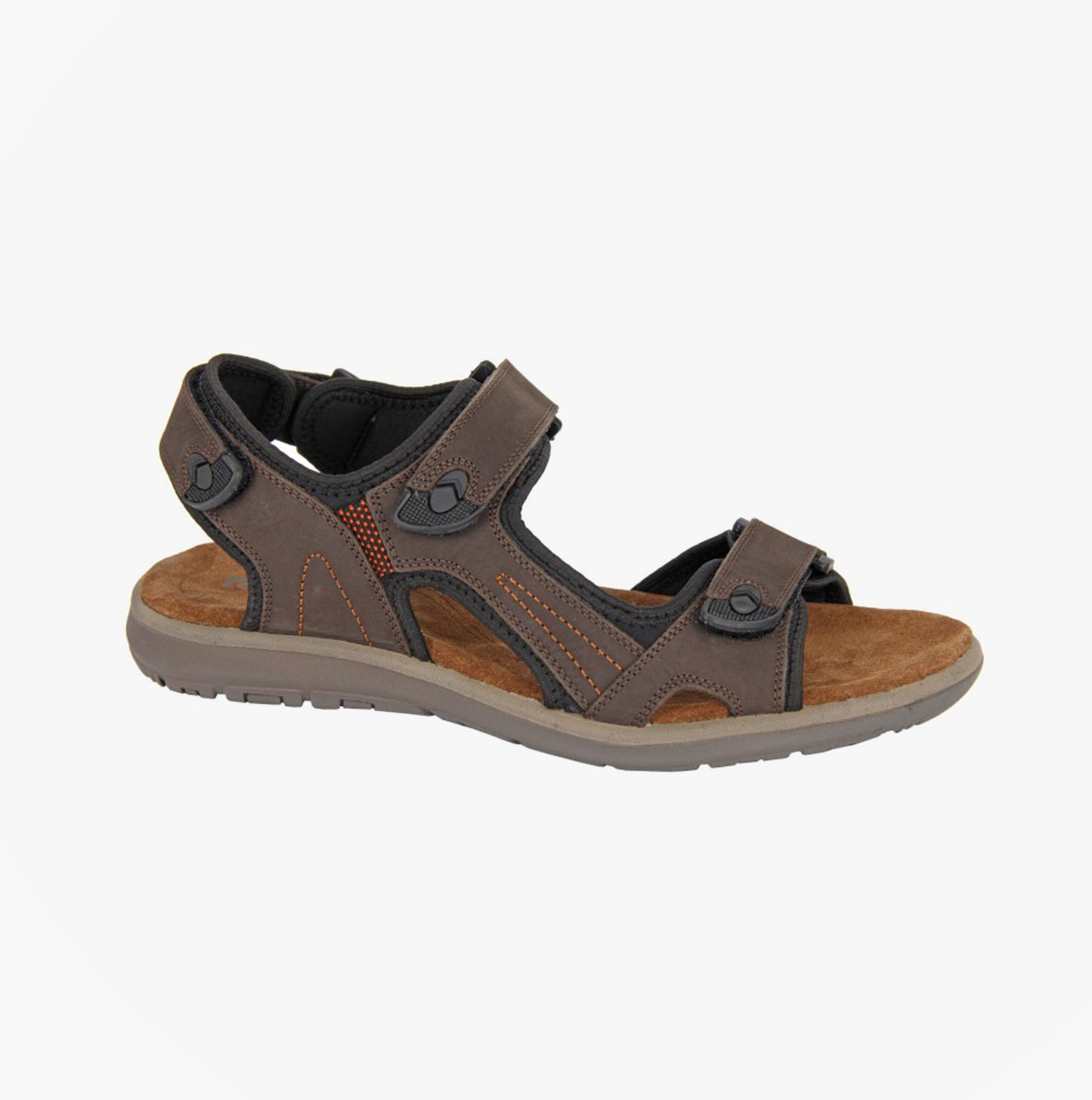 Roamers M428B Mens Sandals Brown side view showing leather upper, touch fasten, and lightweight flat sole.