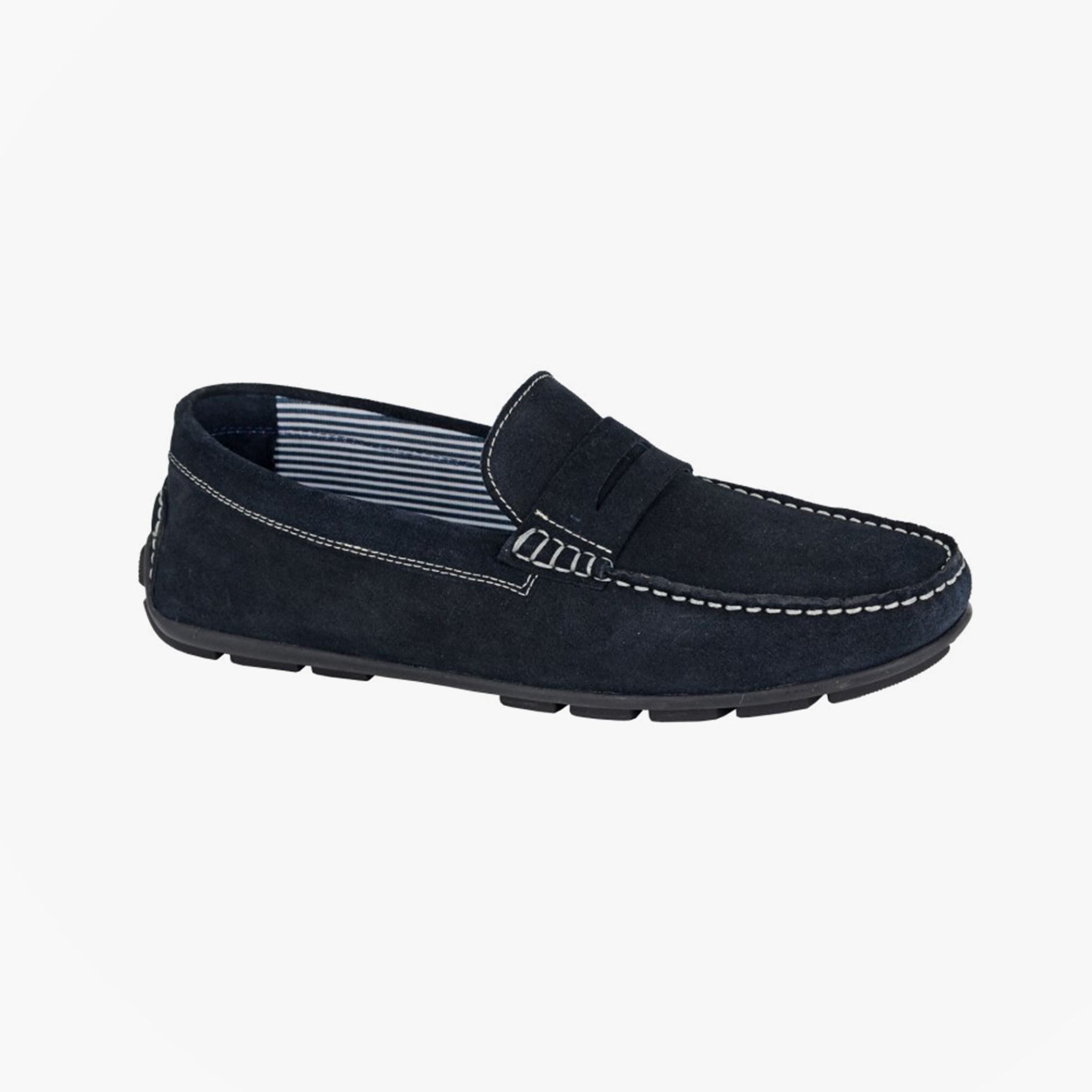 Roamers M591CS Mens Loafers Navy side view showcasing suede upper and slip-on design.