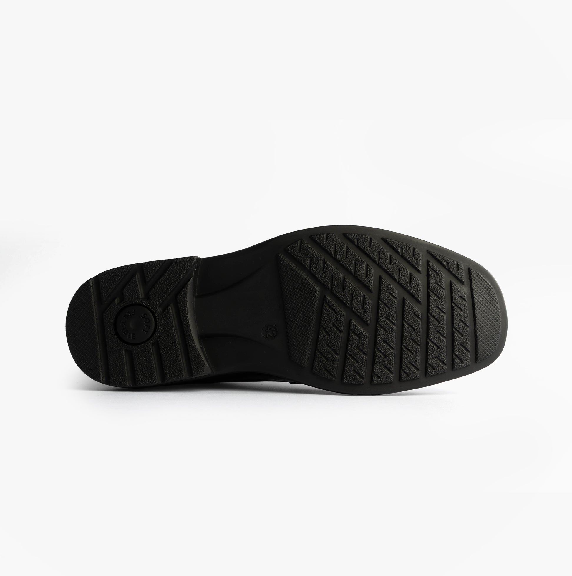 Roamers M601A Mens Shoes Black bottom view, showcasing textured sole for grip and durability.