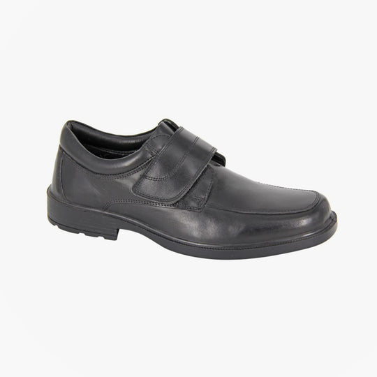 Roamers M606A Mens Shoes Black side view, casual leather shoes with touch fastening, round toe.