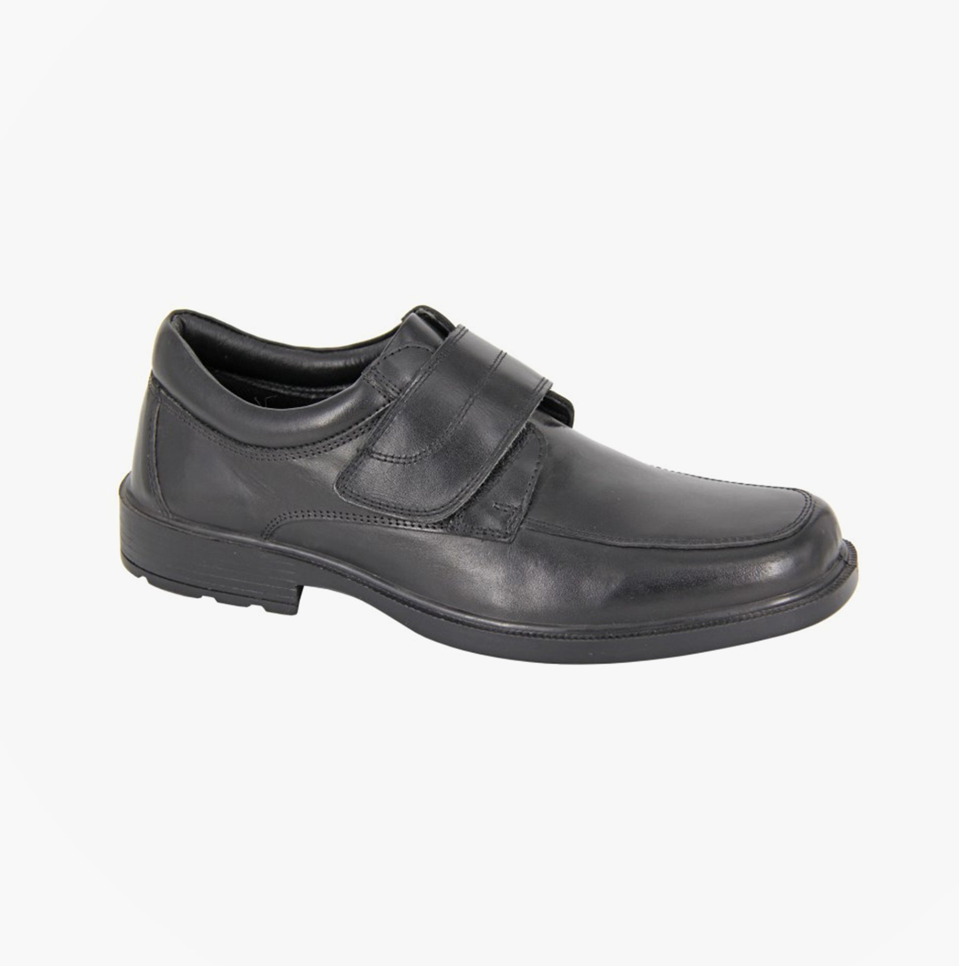 Roamers M606A Mens Shoes Black side view, casual leather shoes with touch fastening, round toe.