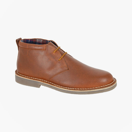 Roamers M755B Mens Boots Brown side view showing leather upper, lace-up closure, and block heel.