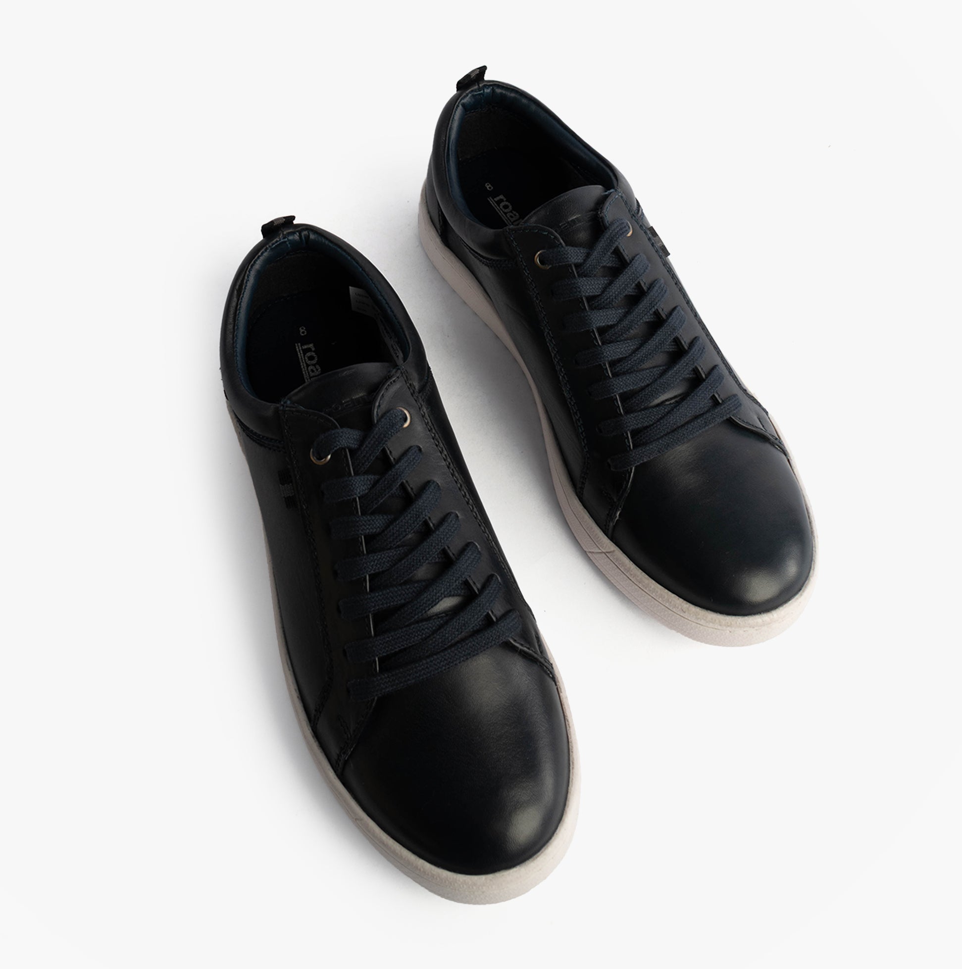 Roamers M799C Mens Trainers Navy top view casual leather trainers with lace-up closure and round toe shape.