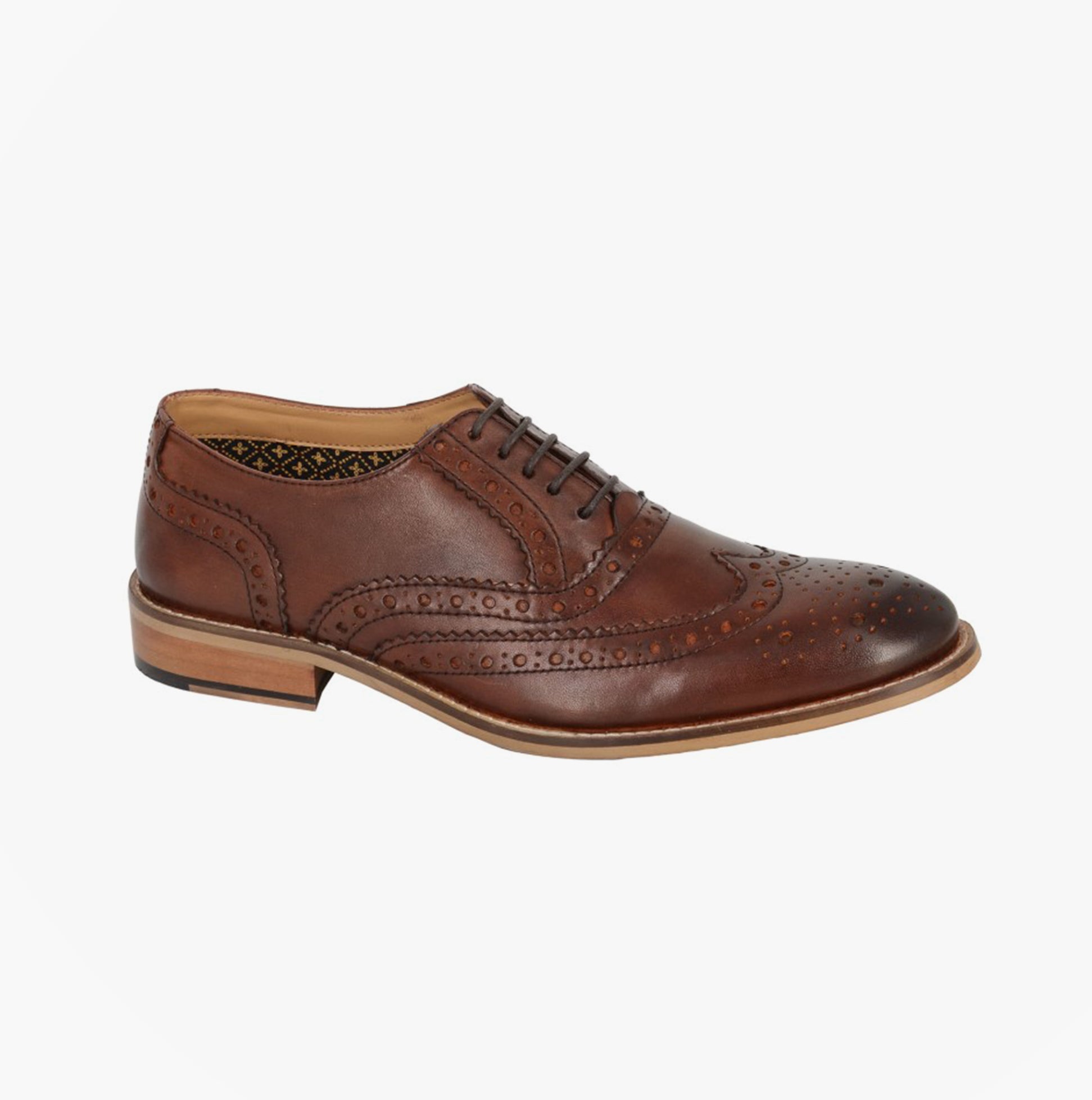 Roamers M9579DB Mens 5 Eyelet Brogue Oxford Conker Brown side view showing leather upper and detailing.