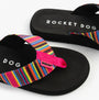 Rocket Dog ADIOS Womens Flip Flops Multi, top view showing colorful striped upper and black sole.