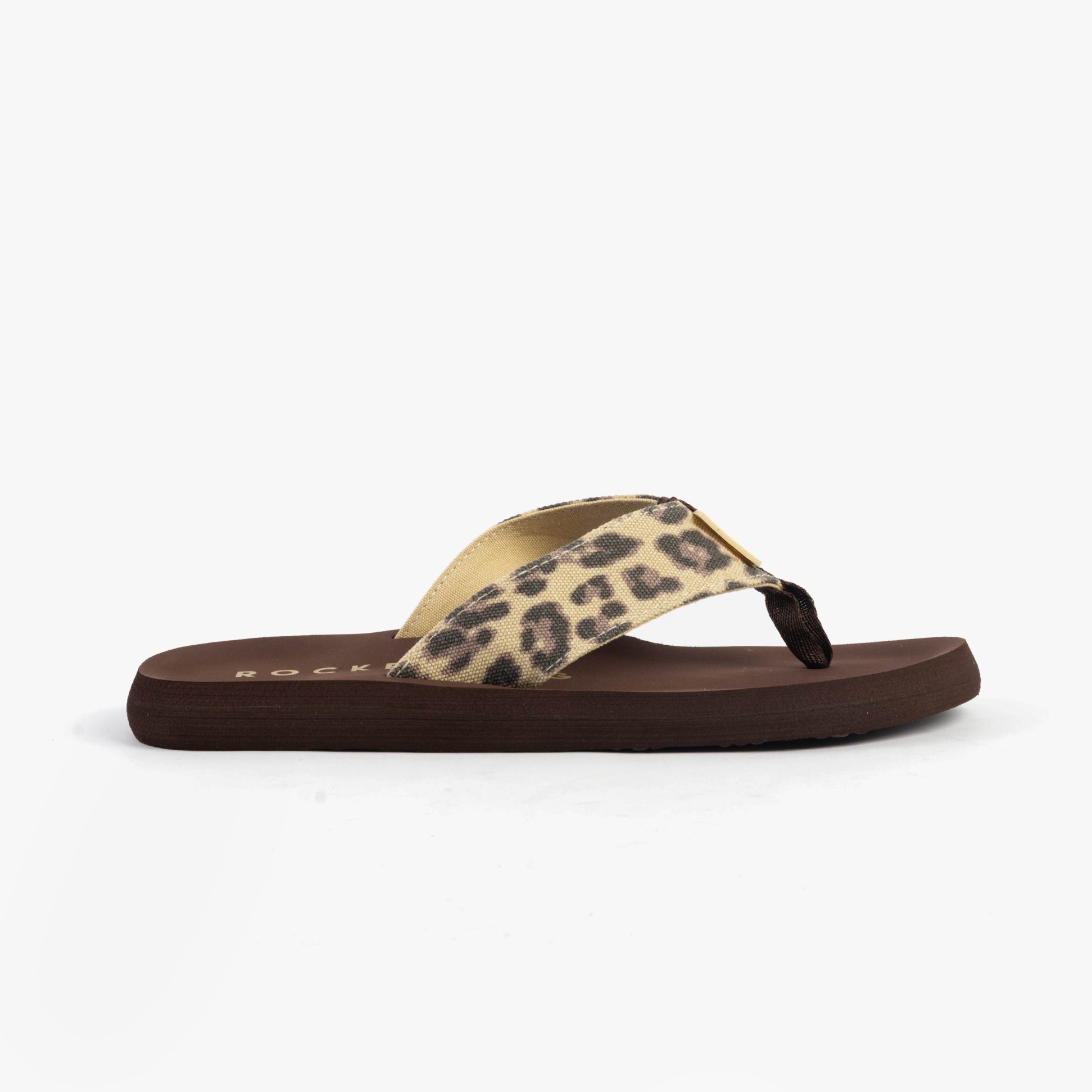 Rocket Dog ADIOS DEXTER LEOPARD Womens Flip Flops Tan side view showing leopard print strap and flat sole