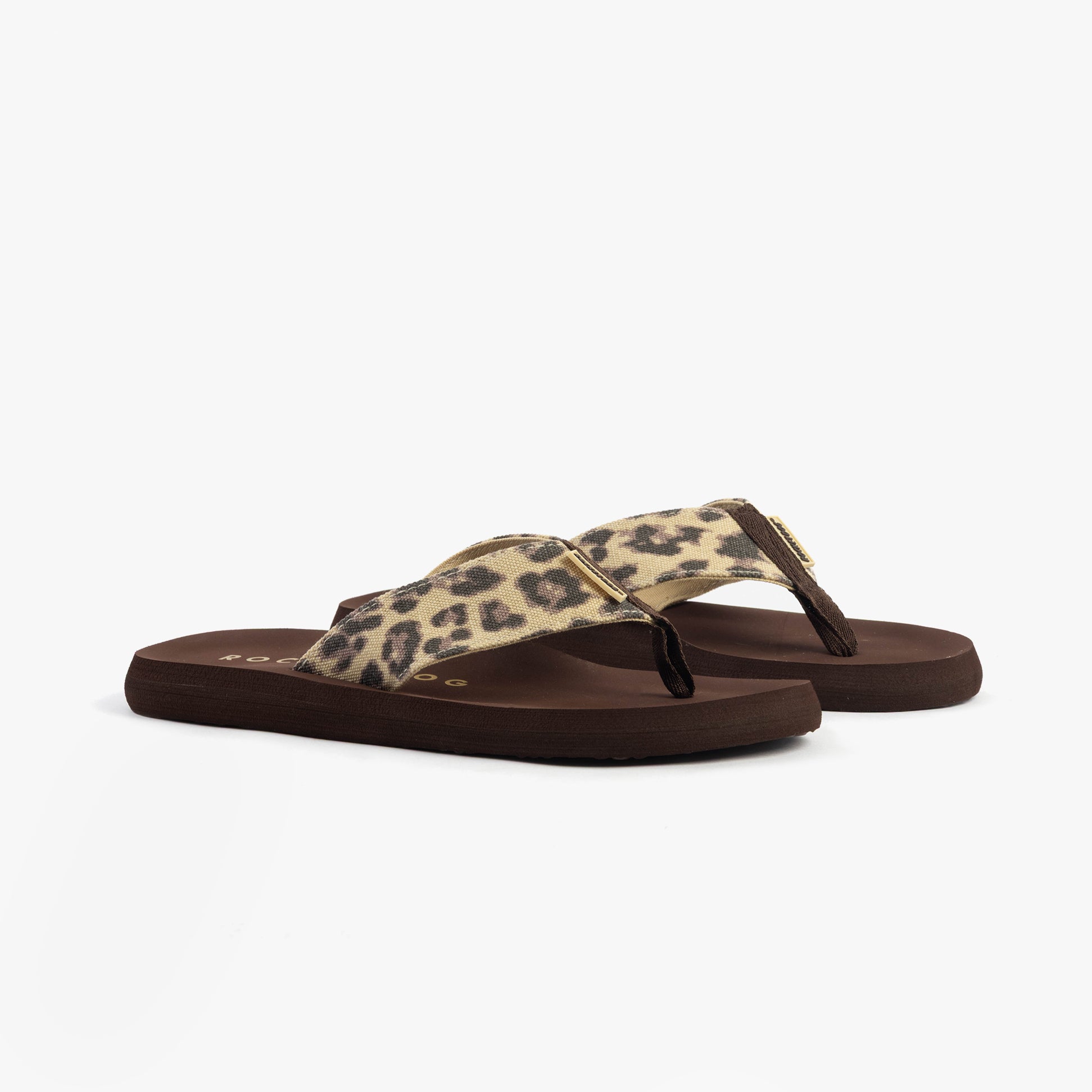 Rocket Dog ADIOS DEXTER LEOPARD Womens Flip Flops Tan side view showcasing leopard print design and comfortable slip-on style.