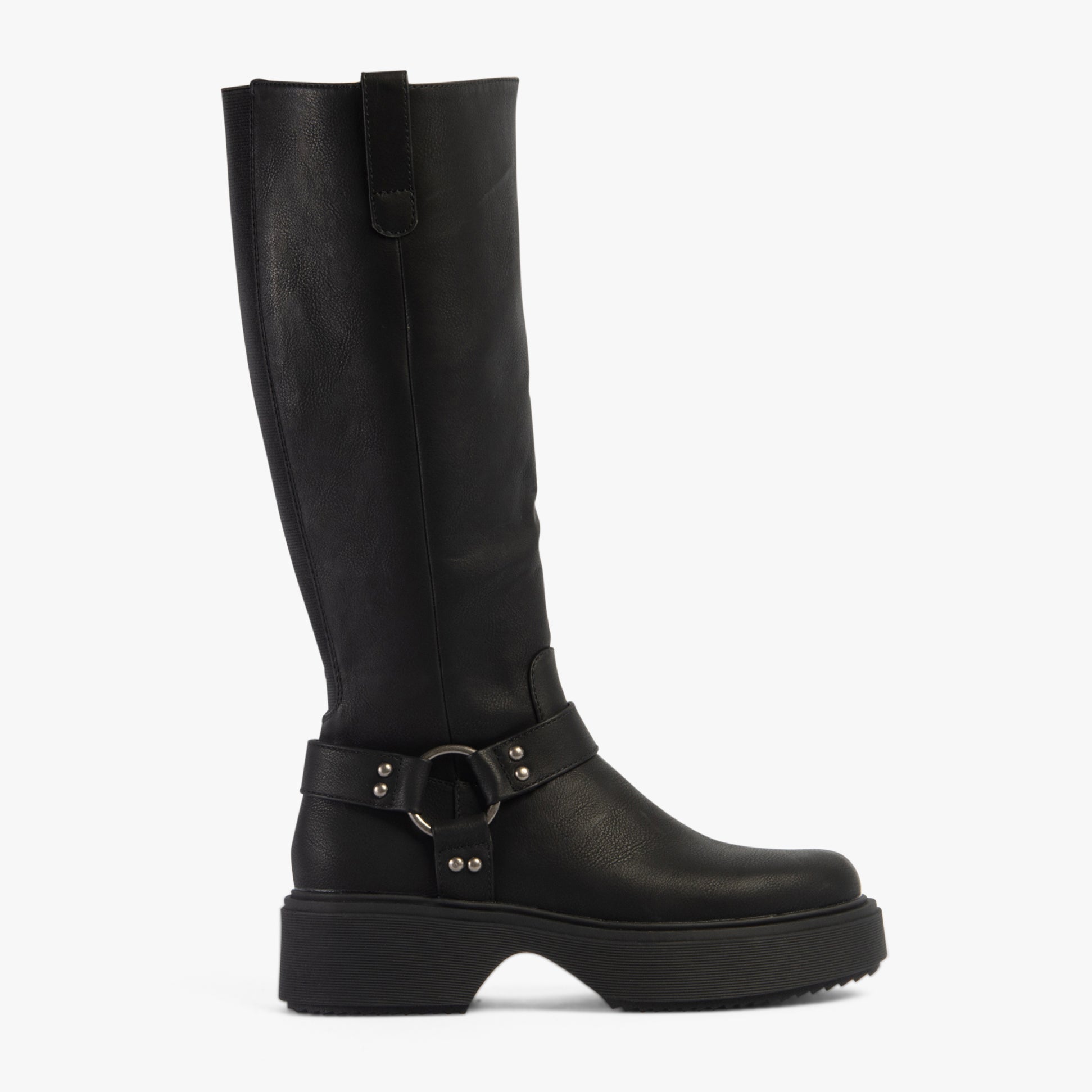 Rocket Dog BECCA Womens Boots Black side view showcasing tall faux leather design and platform sole.