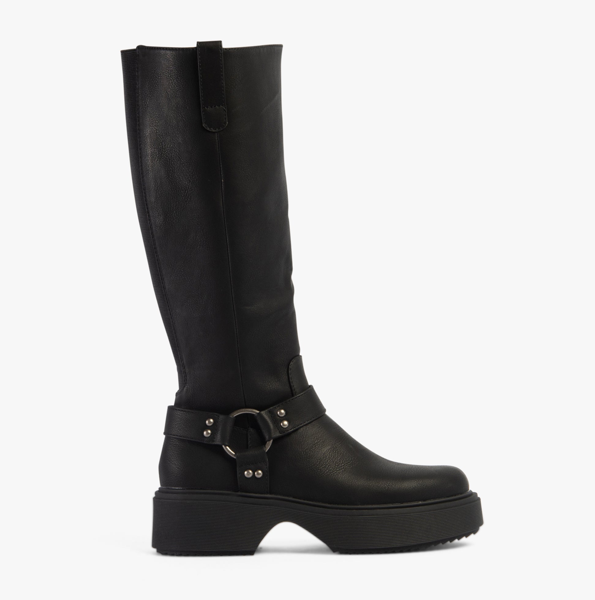 Rocket Dog BECCA Womens Boots Black side view showcasing tall faux leather design and platform sole.