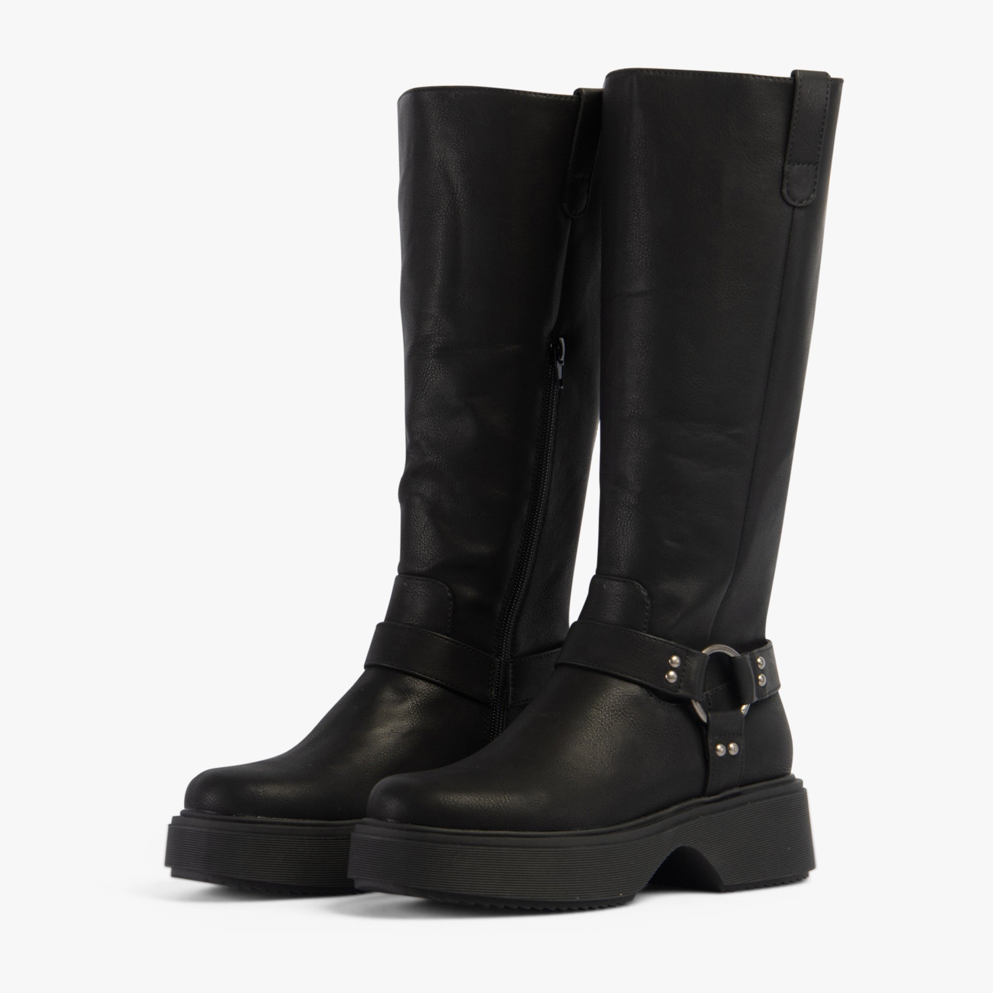 Rocket Dog BECCA Womens Boots Black side view showcasing faux leather, mid-calf height, and platform sole.
