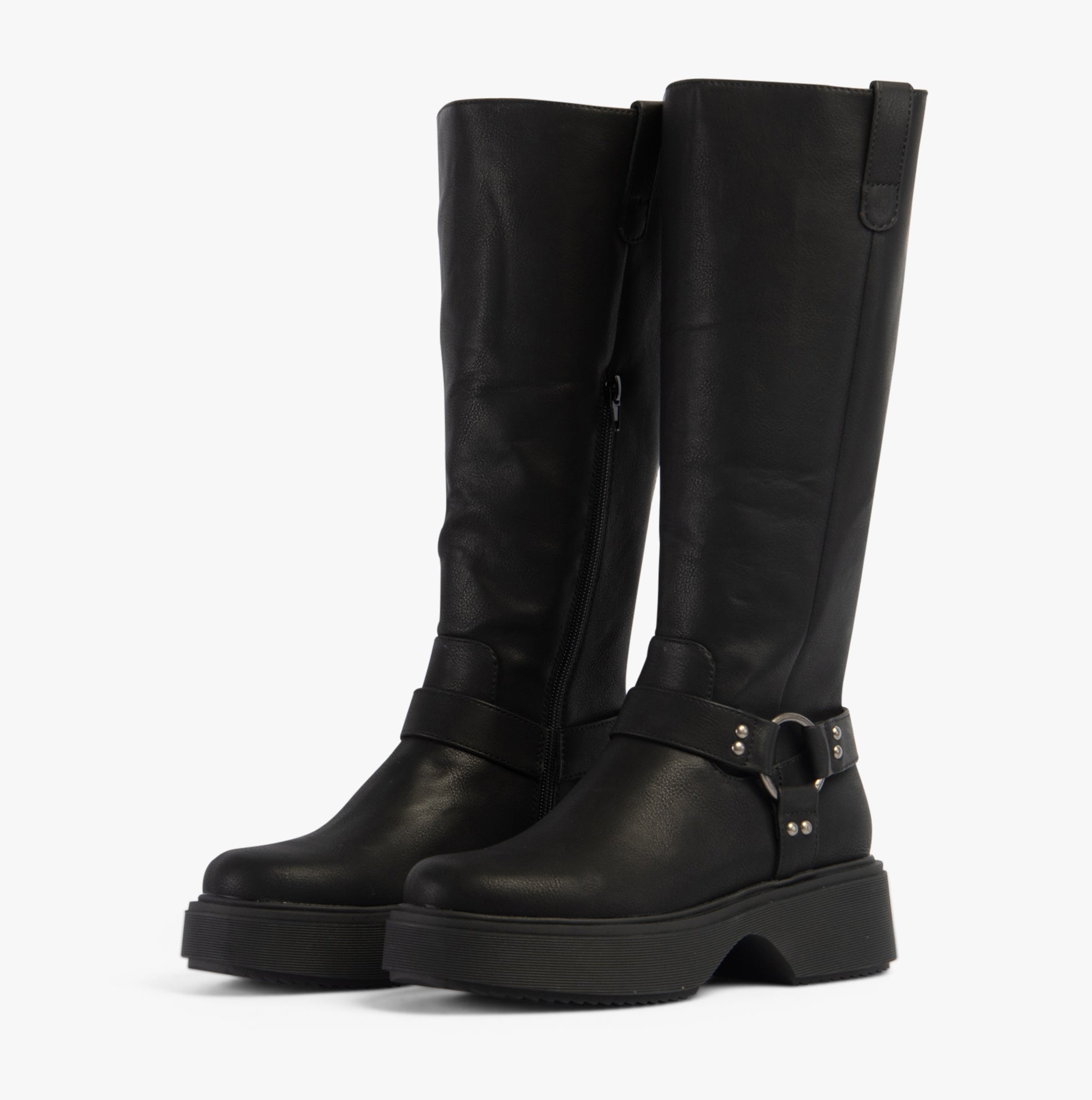 Rocket Dog BECCA Womens Boots Black side view showcasing faux leather, mid-calf height, and platform sole.
