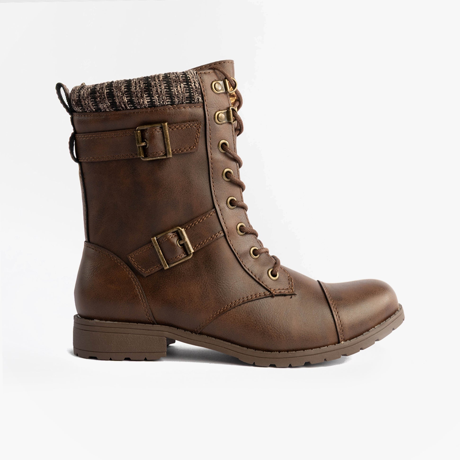 Rocket Dog BILLIE Womens Biker Boots Brown side view featuring faux leather upper, lace-up closure, and warm lining.
