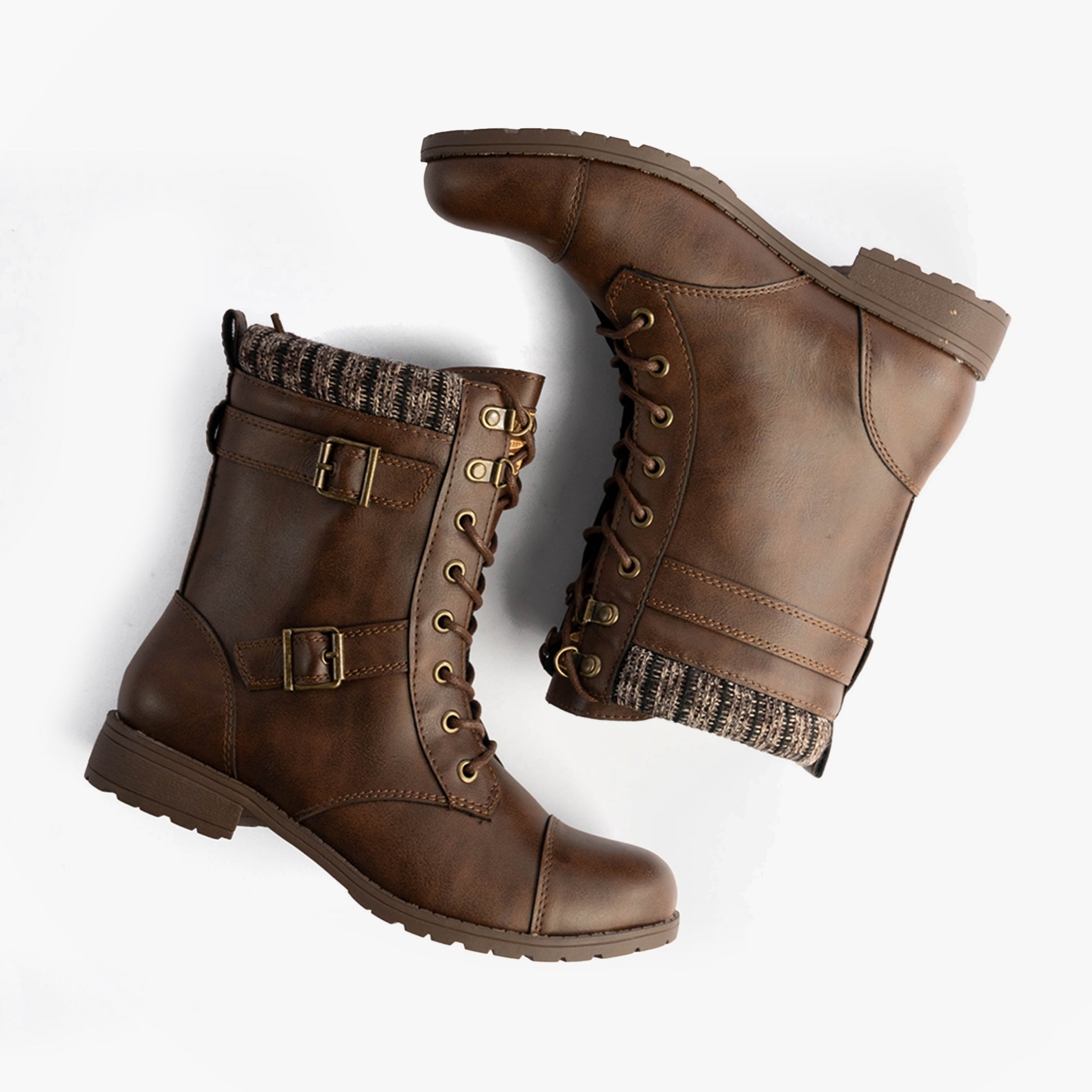 Rocket Dog BILLIE Womens Biker Boots Brown side view showcasing faux leather, zip closure, and knit detailing.