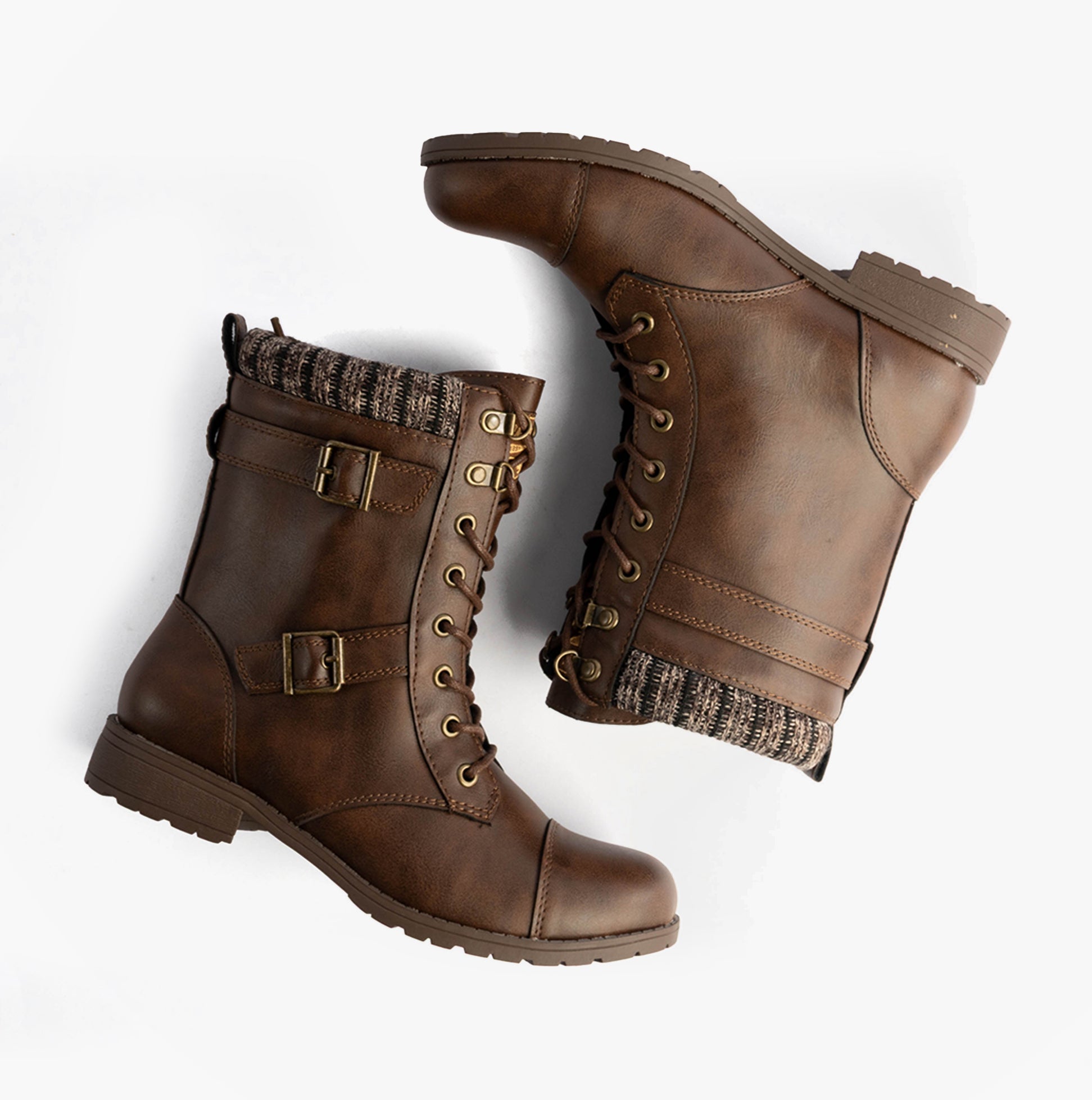 Rocket Dog BILLIE Womens Biker Boots Brown side view showcasing faux leather, zip closure, and knit detailing.