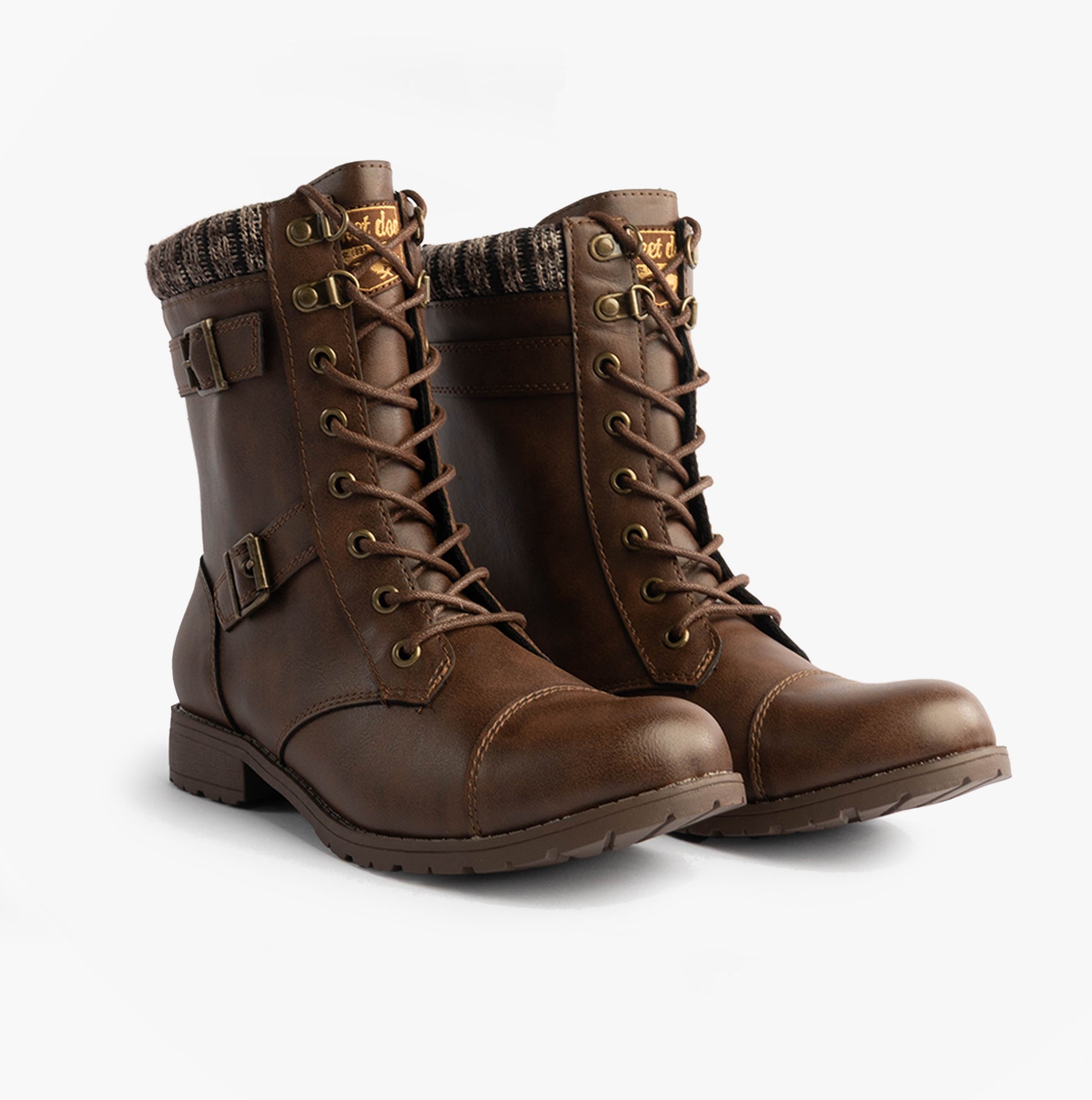 Rocket Dog BILLIE Womens Biker Boots Brown side view showcasing faux leather and textile lining.
