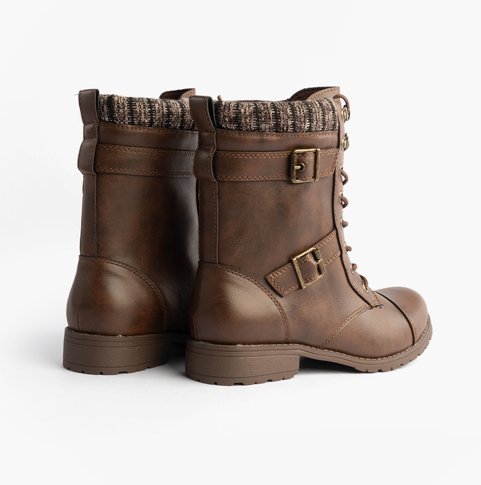 Rocket Dog BILLIE Womens Biker Boots Brown back view showing faux leather, knit collar, and block heel.