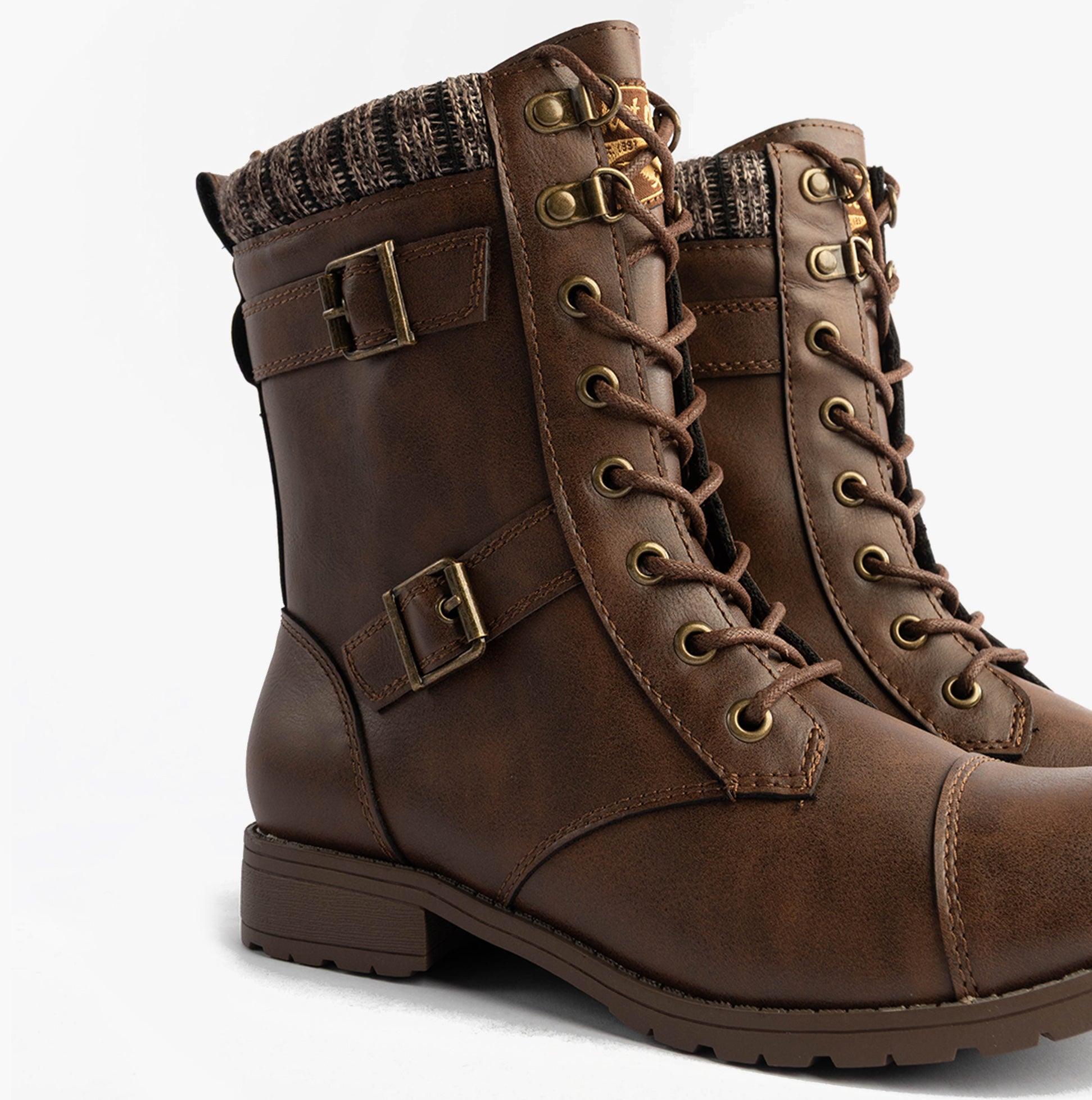 Rocket Dog BILLIE Womens Biker Boots Brown side view showcasing faux leather material and buckle details.
