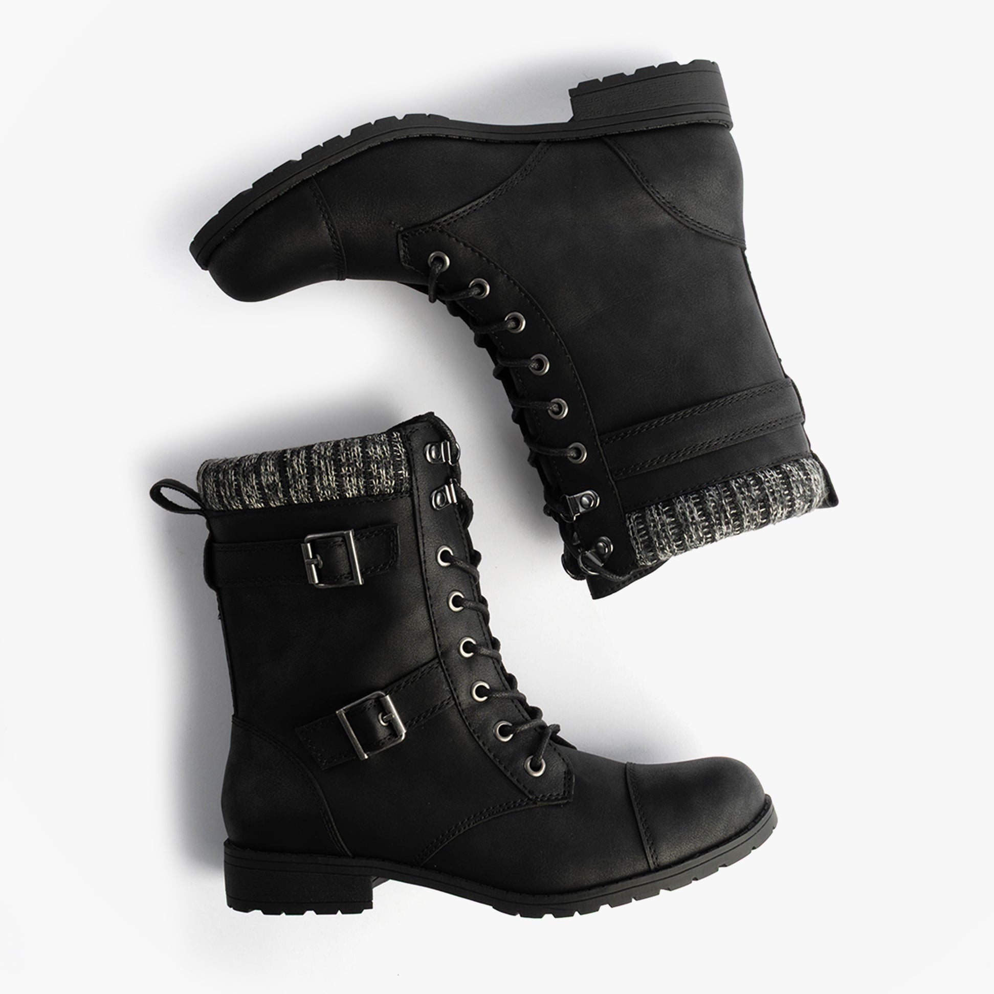 Rocket Dog BILLIE Womens Biker Boots Black side view showcasing faux leather, block heel, and cozy knit lining.