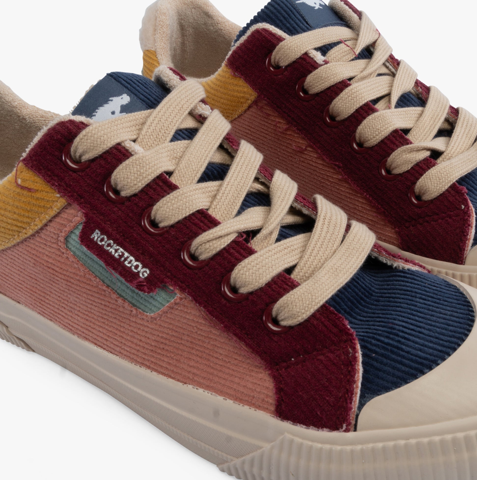 Rocket Dog CHEERY BLOCK Womens Trainers Slate Blue/Dusty Pink top view showcasing lace-up design and multi-color textured fabric.