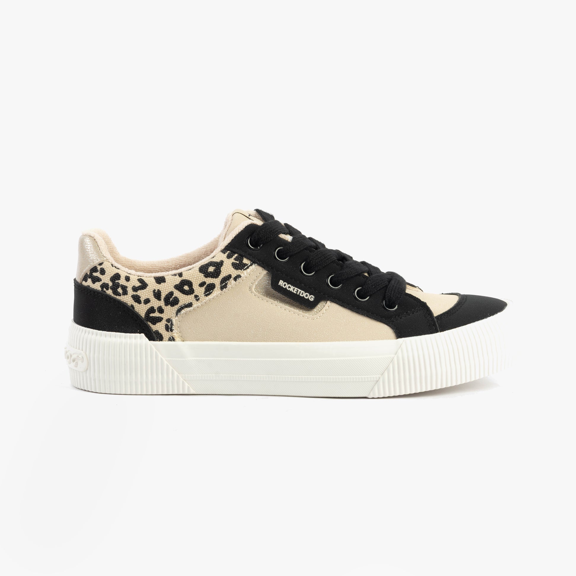Rocket Dog CHEERY BLOCKED Womens Trainers Black/Natural side view showing casual style and round toe with platform sole.