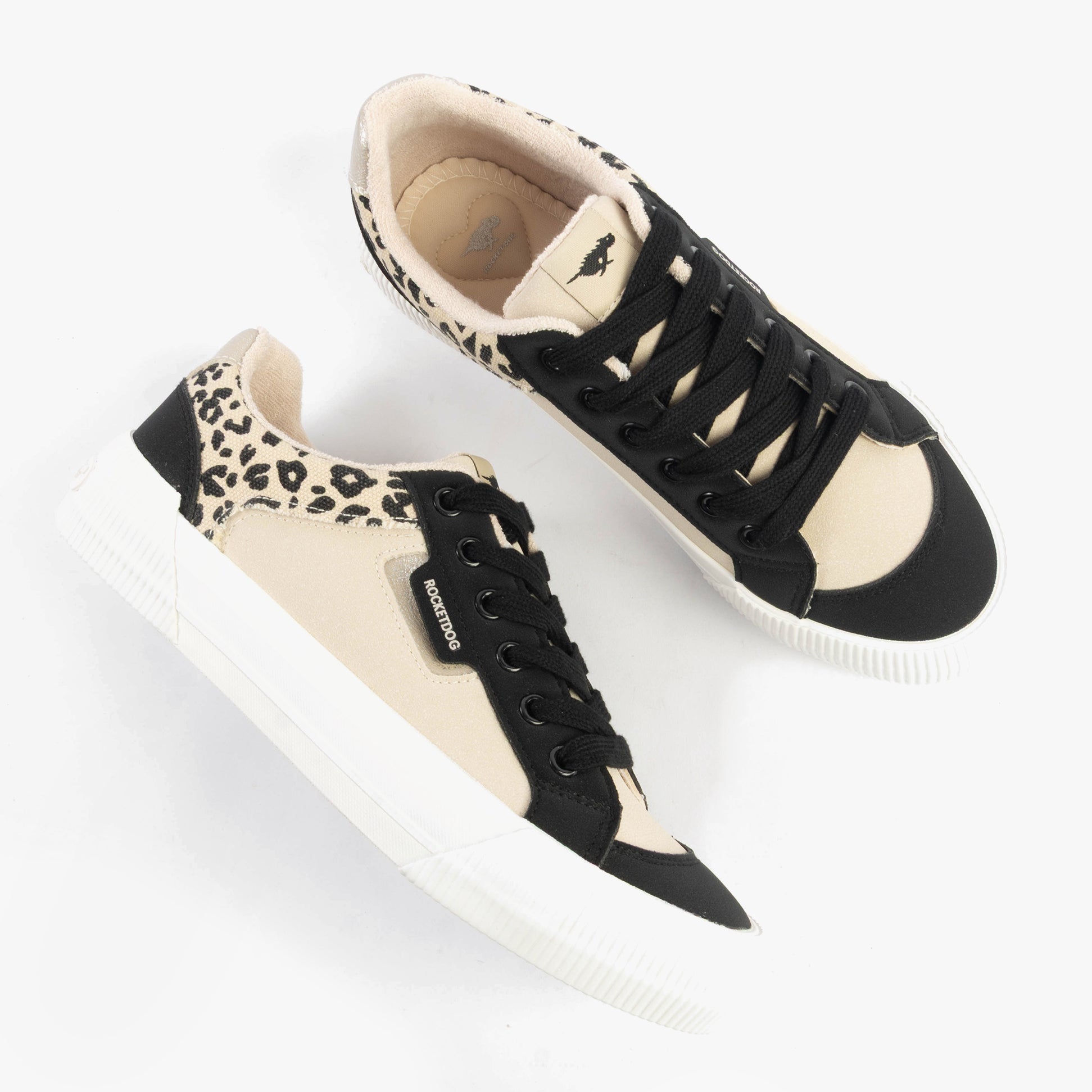 Rocket Dog CHEERY BLOCKED Womens Trainers Black/Natural top view showing stylish design and lace-up closure.