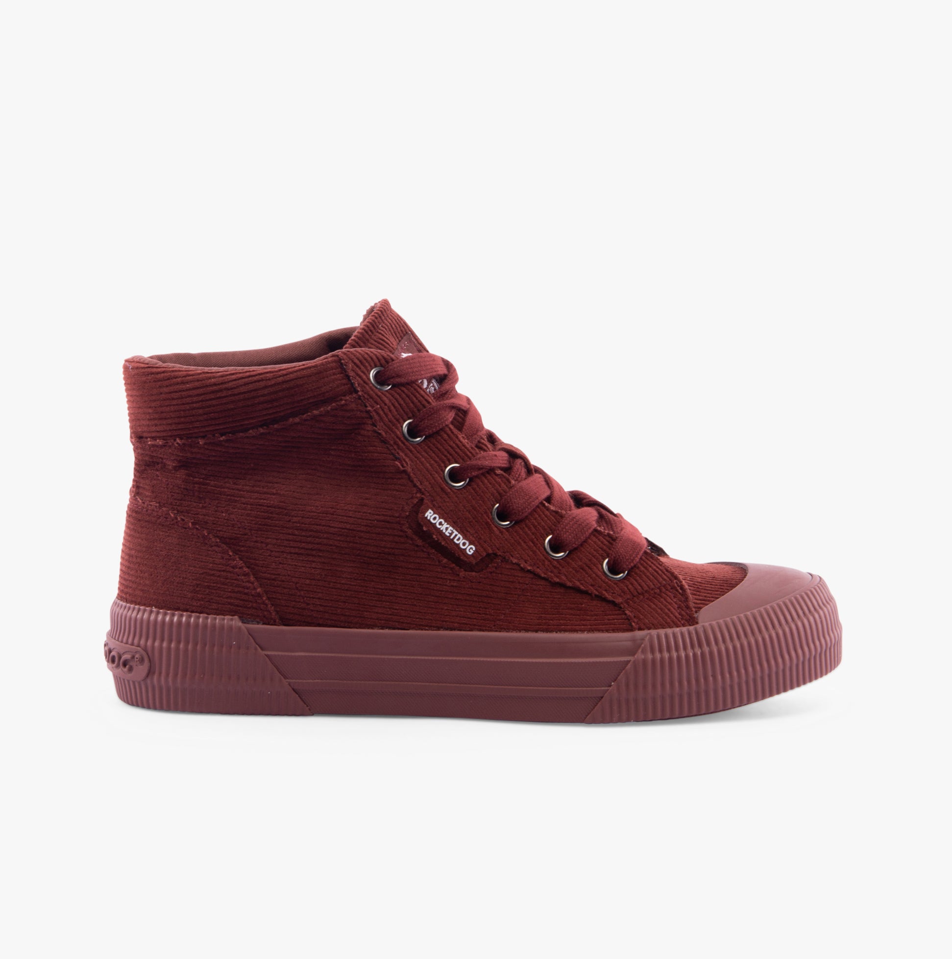Rocket Dog CHEERY HI Womens Trainers Rust side view showcasing casual textile upper and rubber sole.
