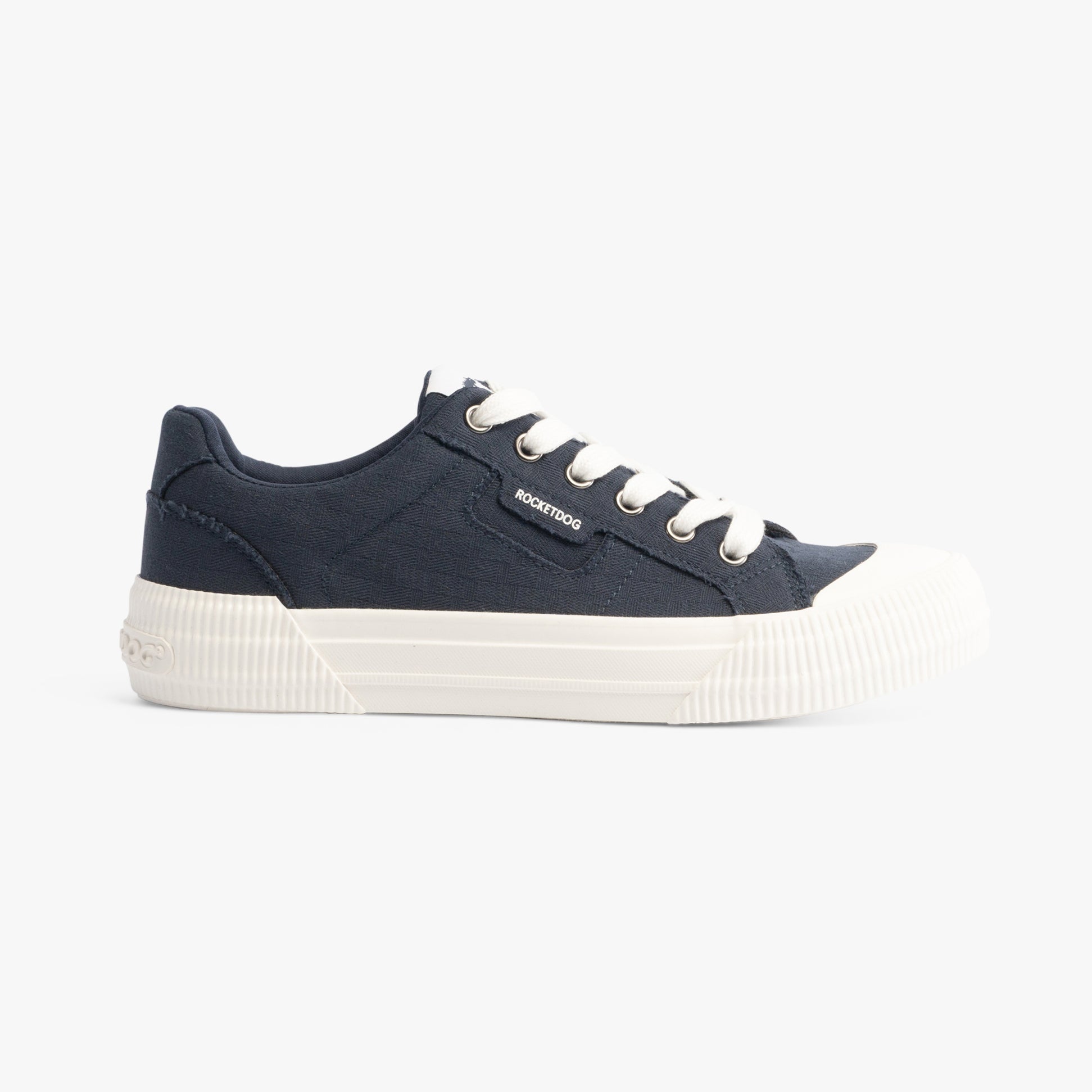 Rocket Dog CHEERY Womens Trainers Navy side view highlighting casual textile upper and lace-up closure.