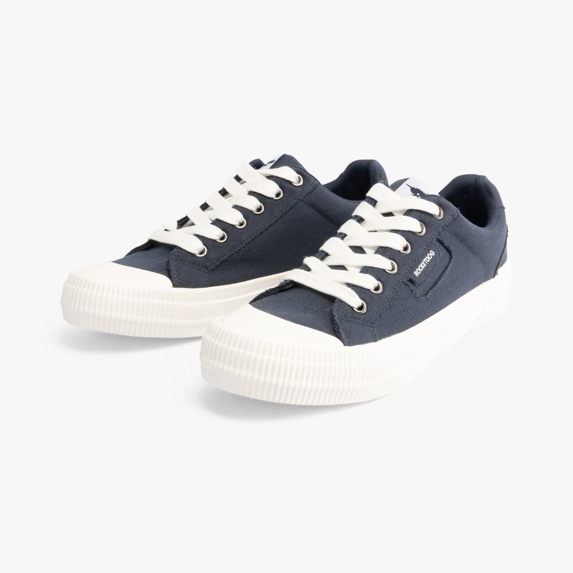 Rocket Dog CHEERY Womens Trainers Navy side view with lace-up closure, showcasing textile upper and rubber sole.