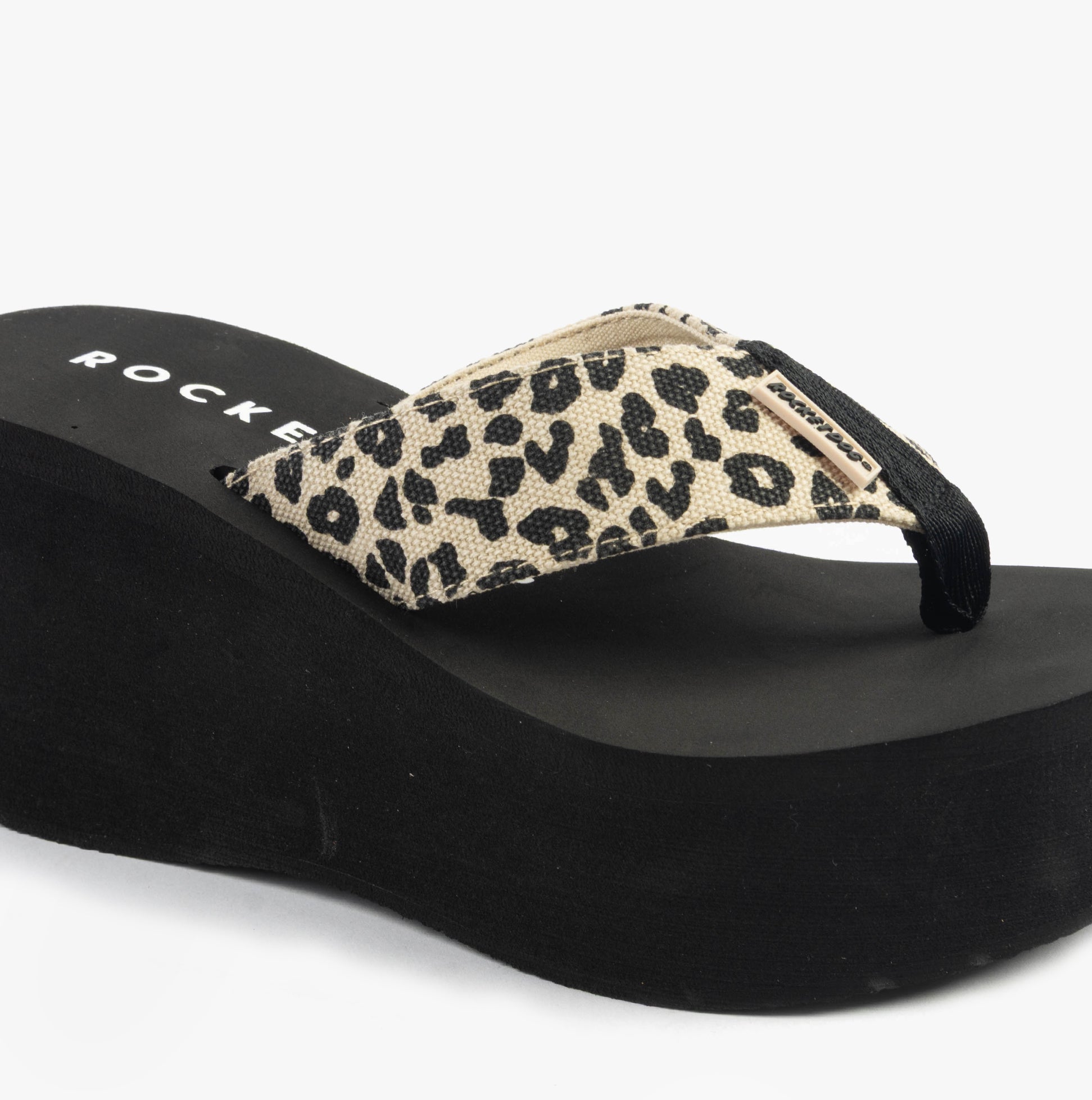 Rocket Dog CRUSH LEON LEOPARD Womens Sandals Natural side view showcasing the leopard print strap and platform sole.