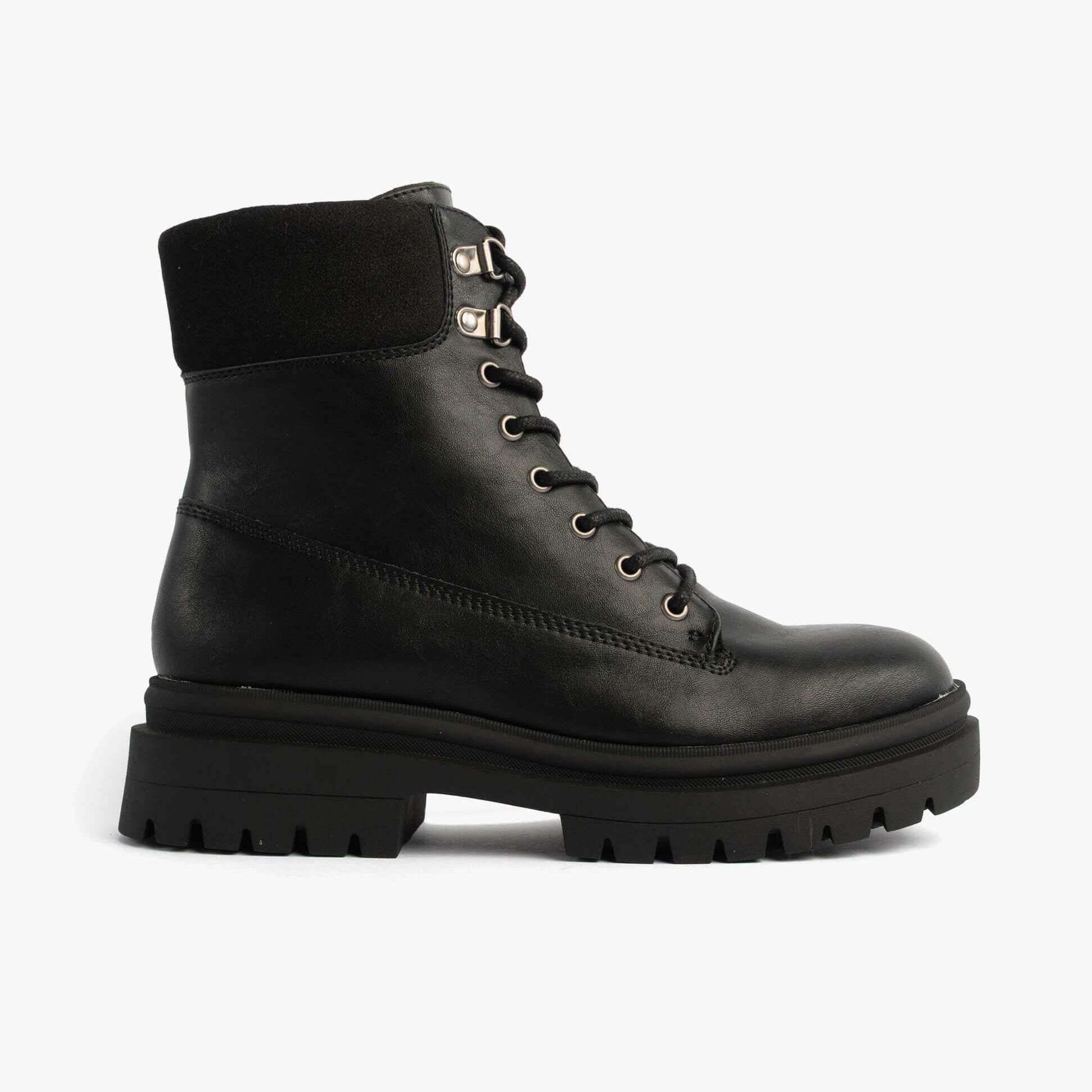 Rocket Dog DANIE Womens Lace Up Boots Black side view showcasing faux leather upper and rugged sole.