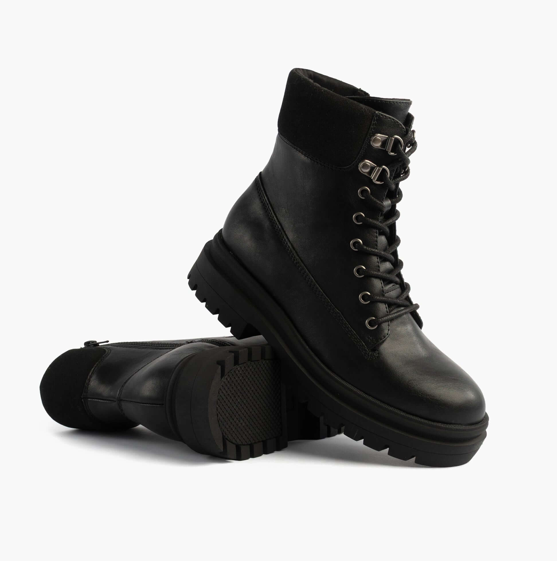 Rocket Dog DANIE Womens Lace Up Boots Black side view showcasing faux leather upper, lace-up and zip detail.