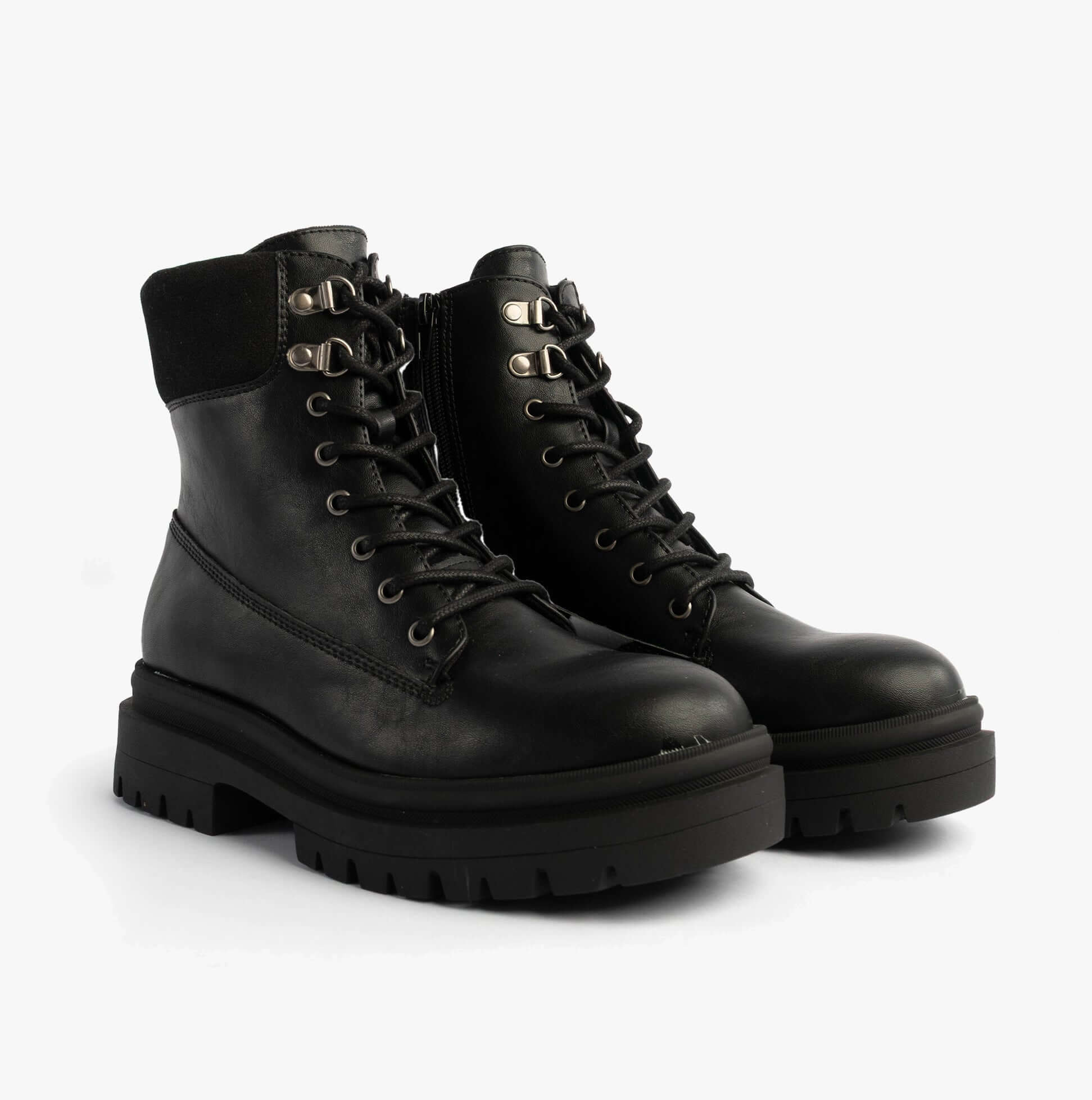 Rocket Dog DANIE Womens Lace Up Boots Black side view showing faux leather upper and lace-up design.