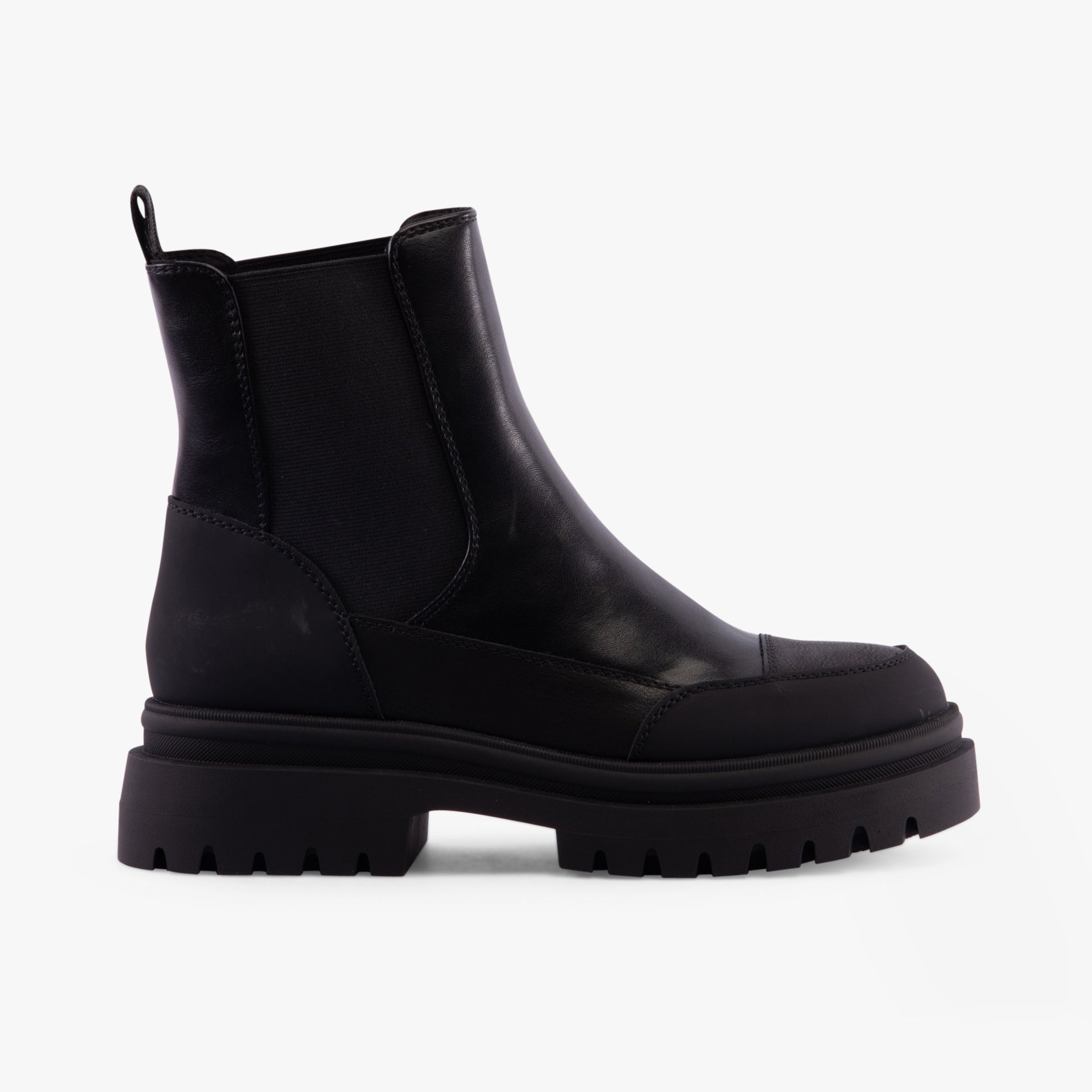 Rocket Dog DELTA Womens Boots Black/Black side view showing faux leather upper and chunky rubber sole.