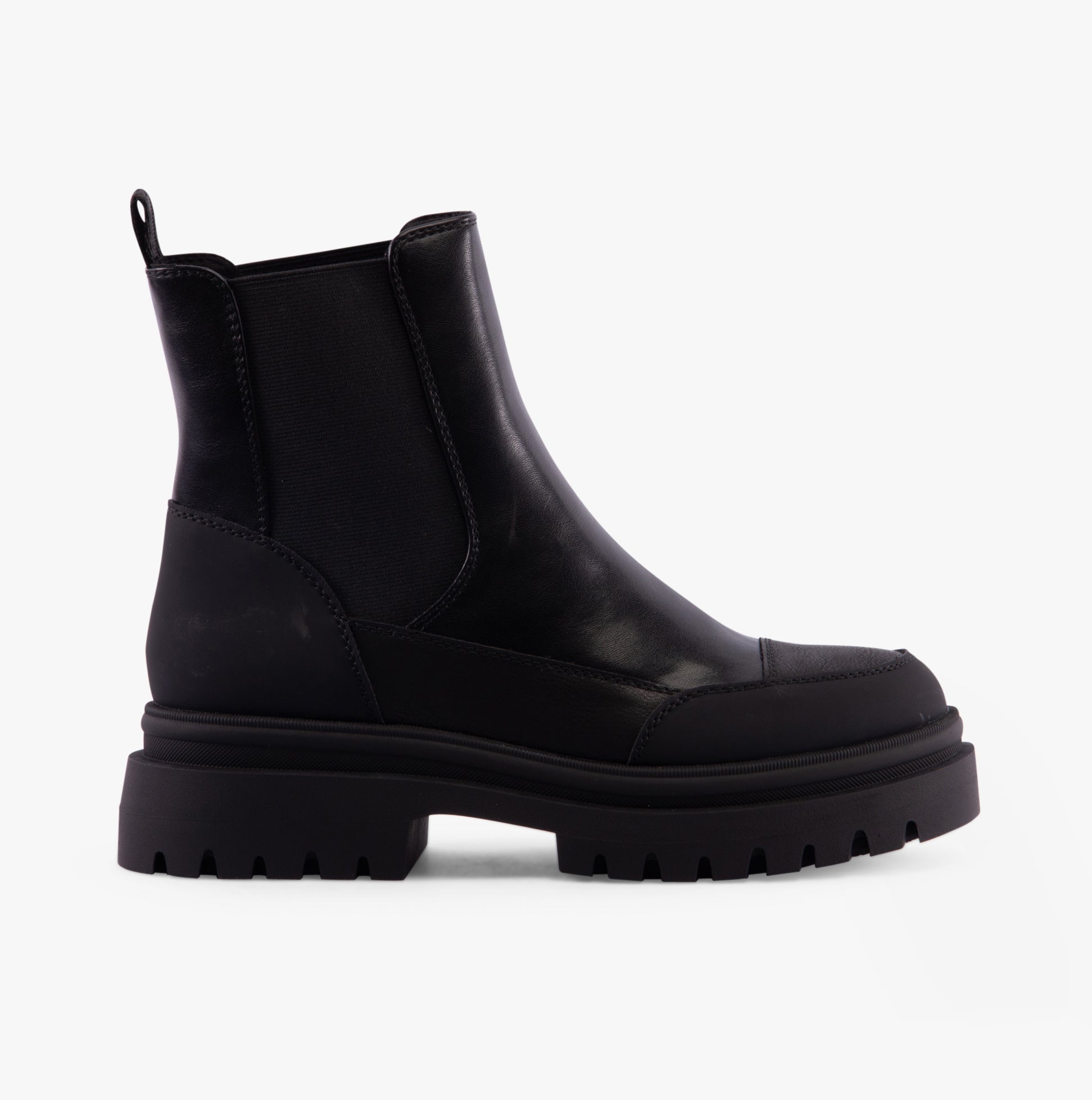 Rocket Dog DELTA Womens Boots Black/Black side view showing faux leather upper and chunky rubber sole.